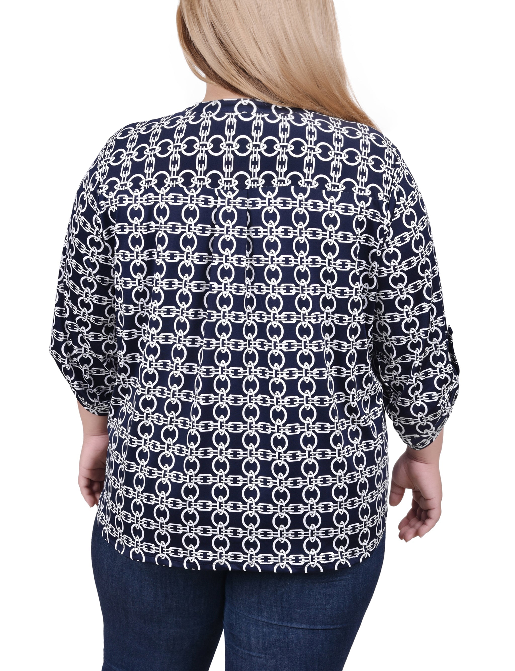 NY Collection Long Tab-Sleeve Top With Pockets - Blk Wht Diagonal Stripe Dot - Bonton