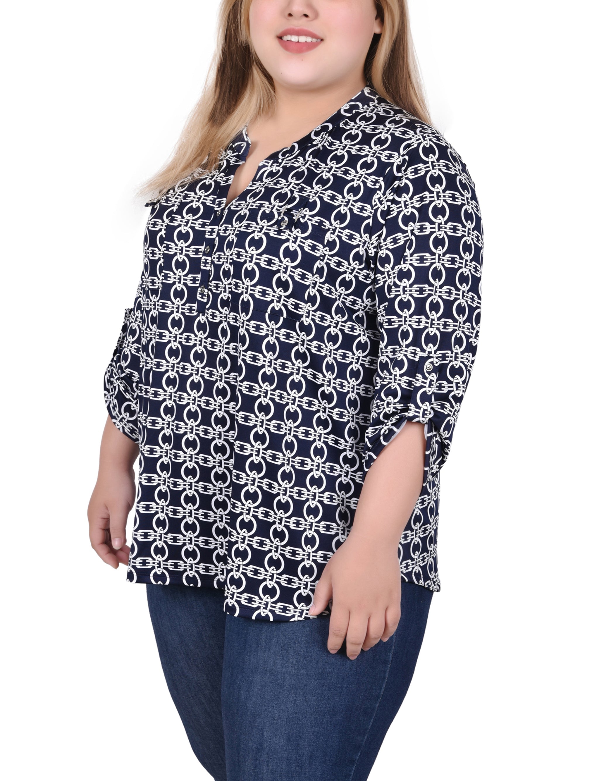  NY Collection Long Tab-Sleeve Top With Pockets - Blk Wht Diagonal Stripe Dot - Bonton