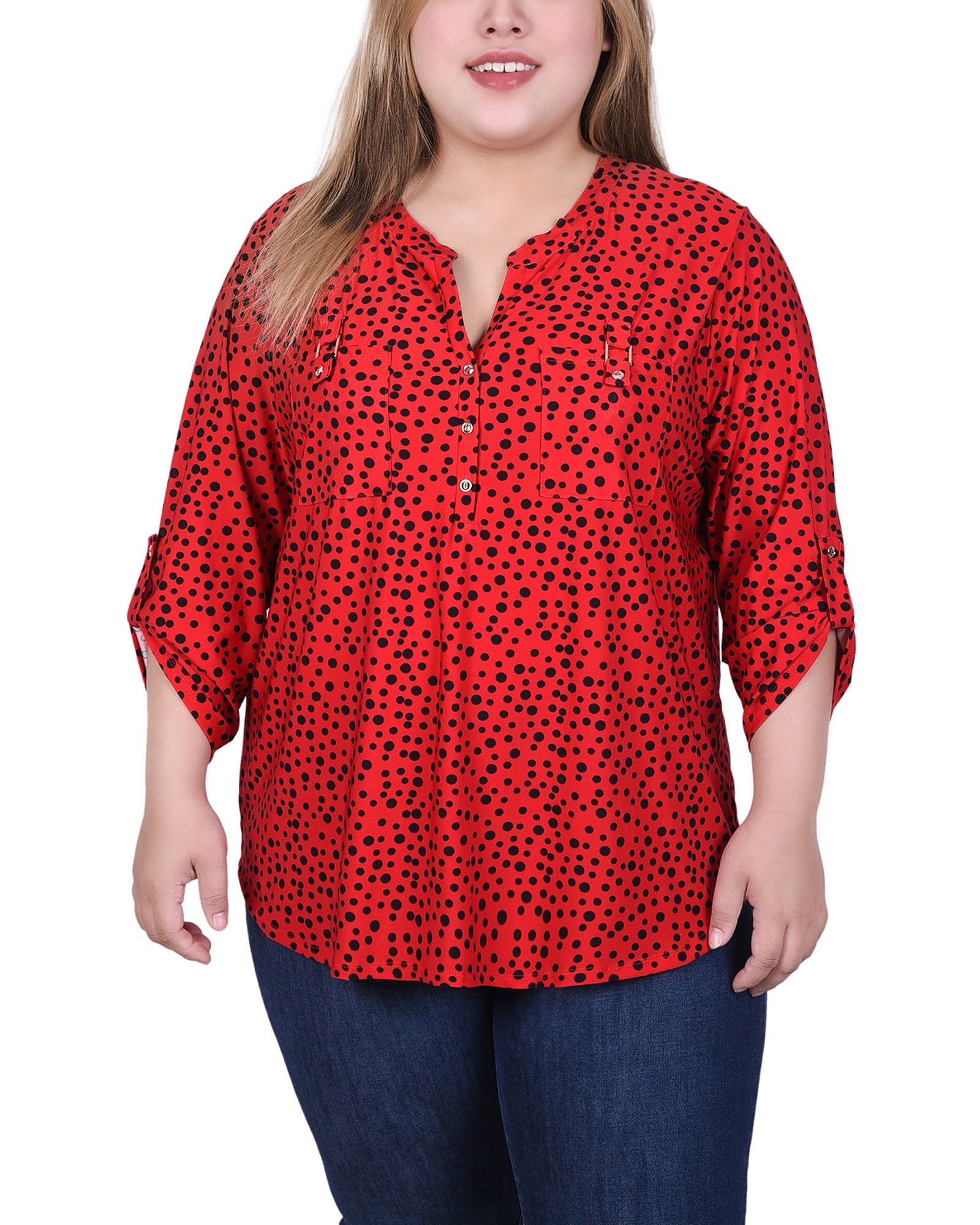  NY Collection Long Tab-Sleeve Top With Pockets - Blk Wht Diagonal Stripe Dot - Bonton