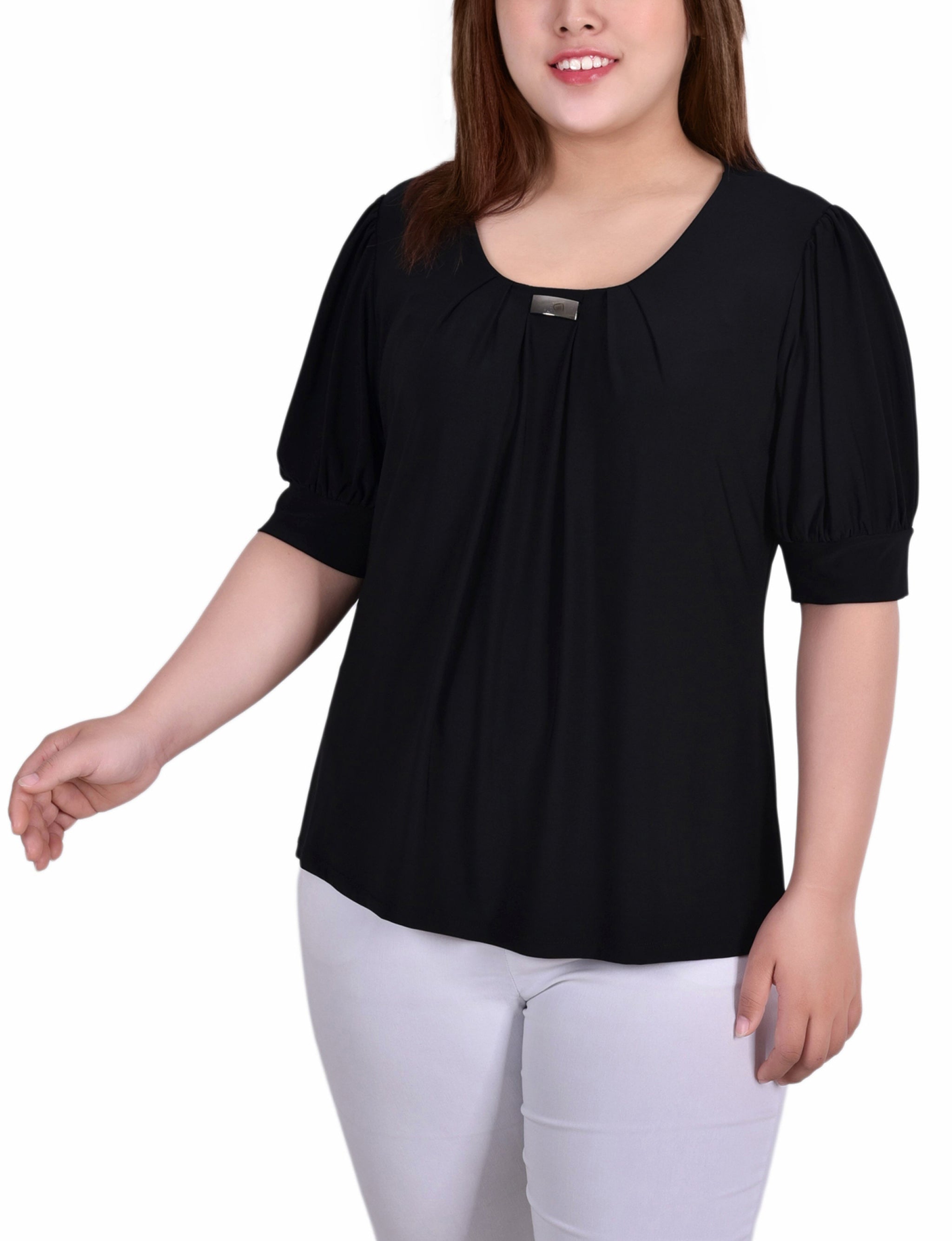  NY Collection Plus Size Short Sleeve Balloon Sleeve Top With Hardware - Black - Bonton