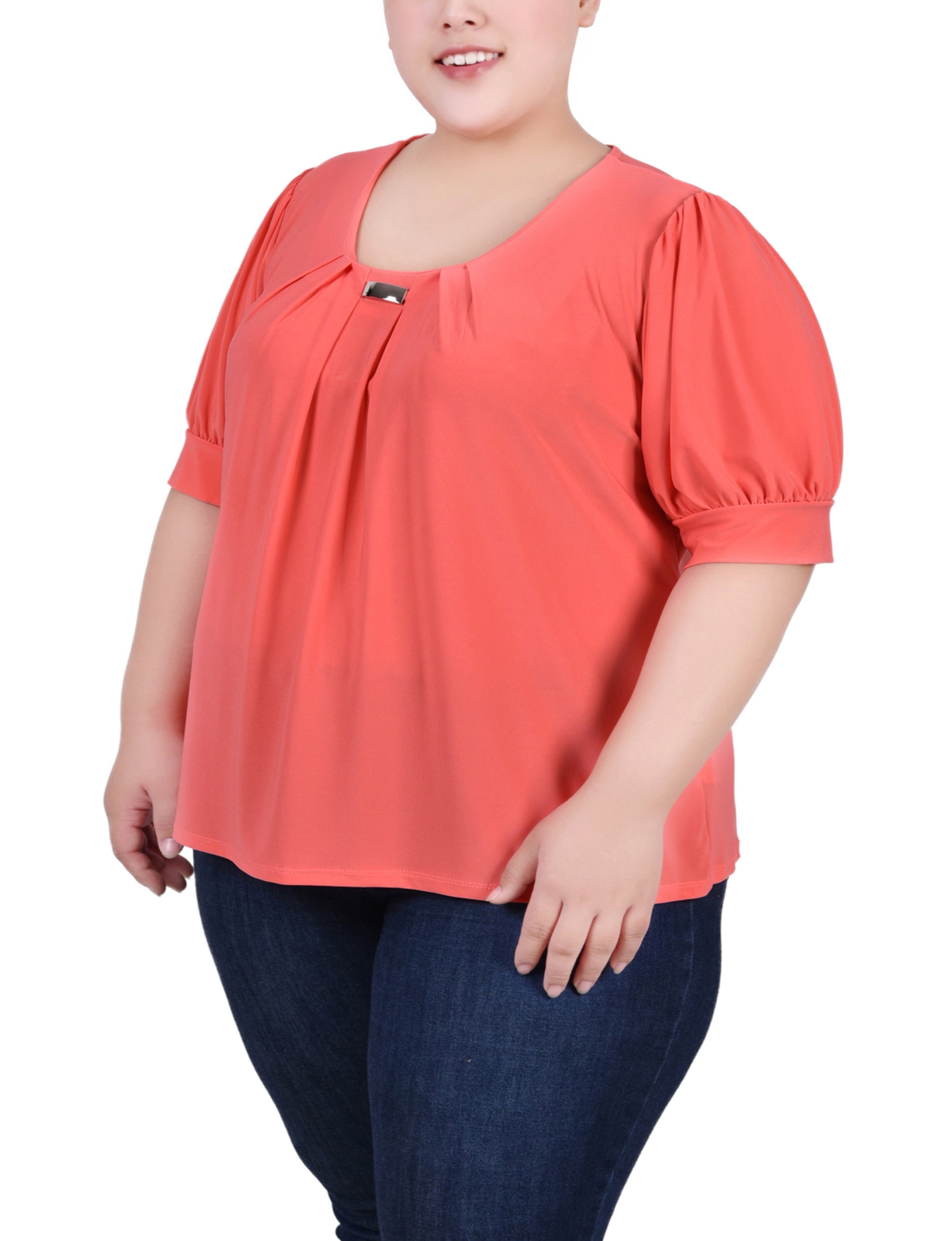  NY Collection Plus Size Short Sleeve Balloon Sleeve Top With Hardware - Black - Bonton