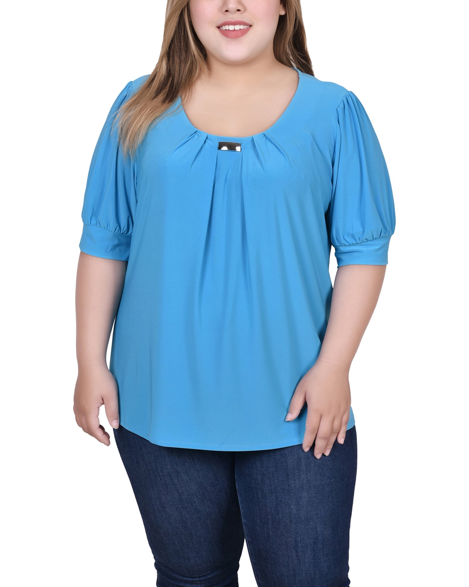  NY Collection Plus Size Short Sleeve Balloon Sleeve Top With Hardware - Black - Bonton