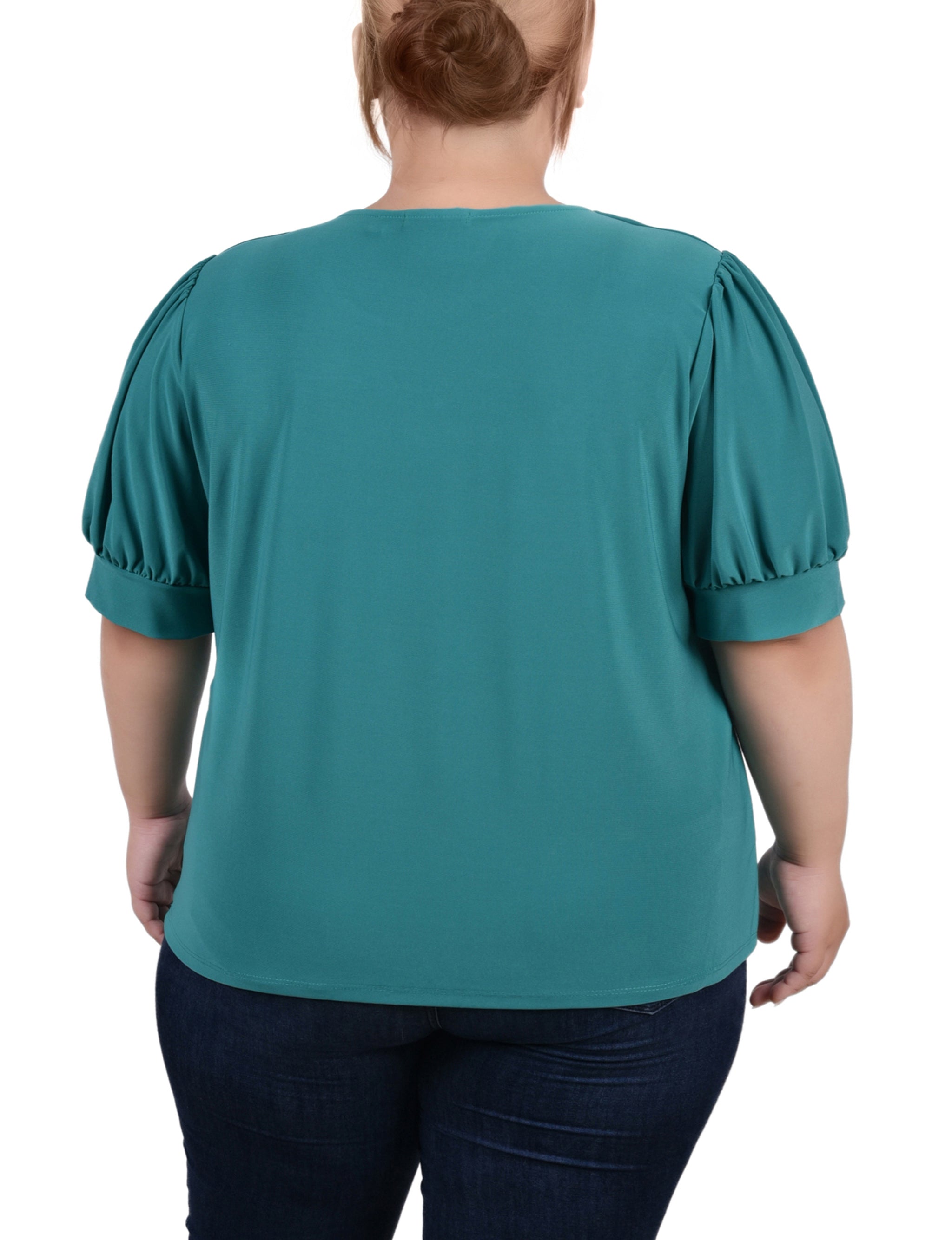  NY Collection Plus Size Short Sleeve Balloon Sleeve Top With Hardware - Black - Bonton