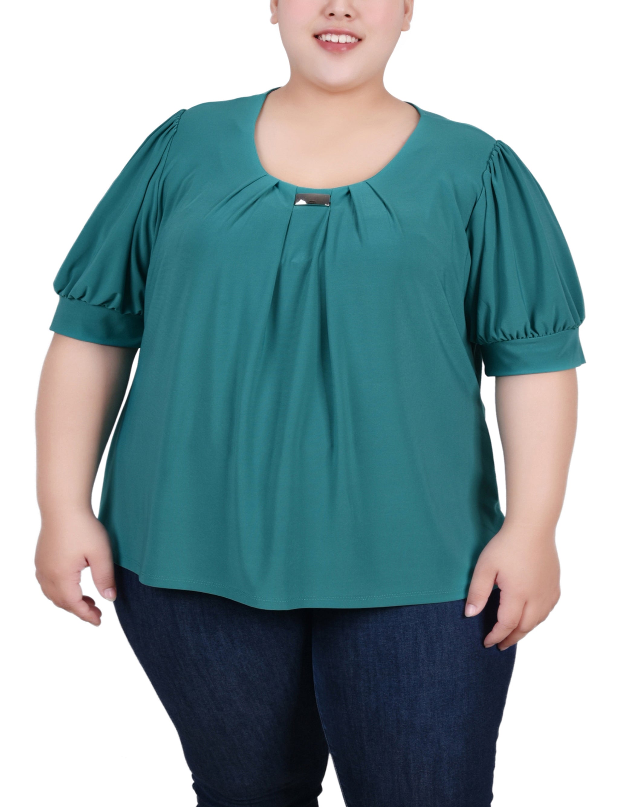  NY Collection Plus Size Short Sleeve Balloon Sleeve Top With Hardware - Black - Bonton