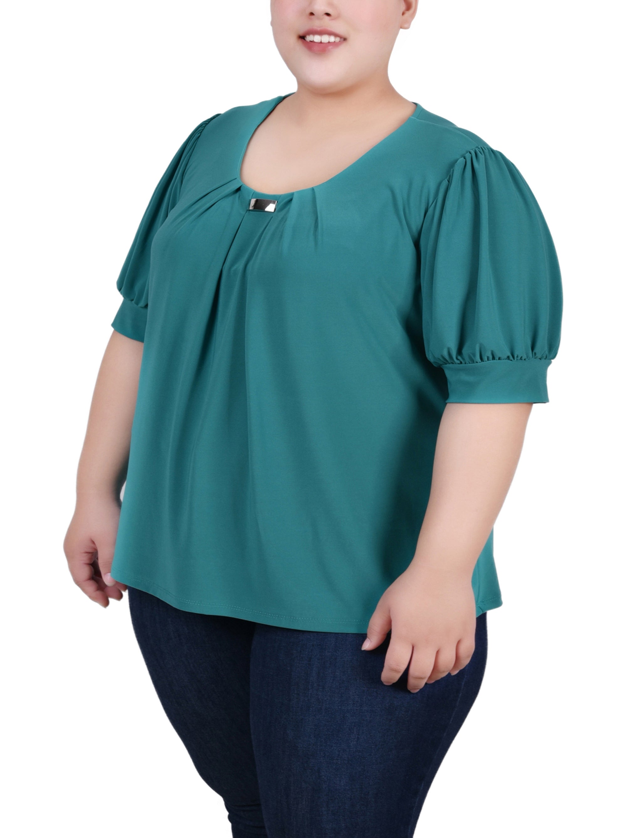  NY Collection Plus Size Short Sleeve Balloon Sleeve Top With Hardware - Black - Bonton