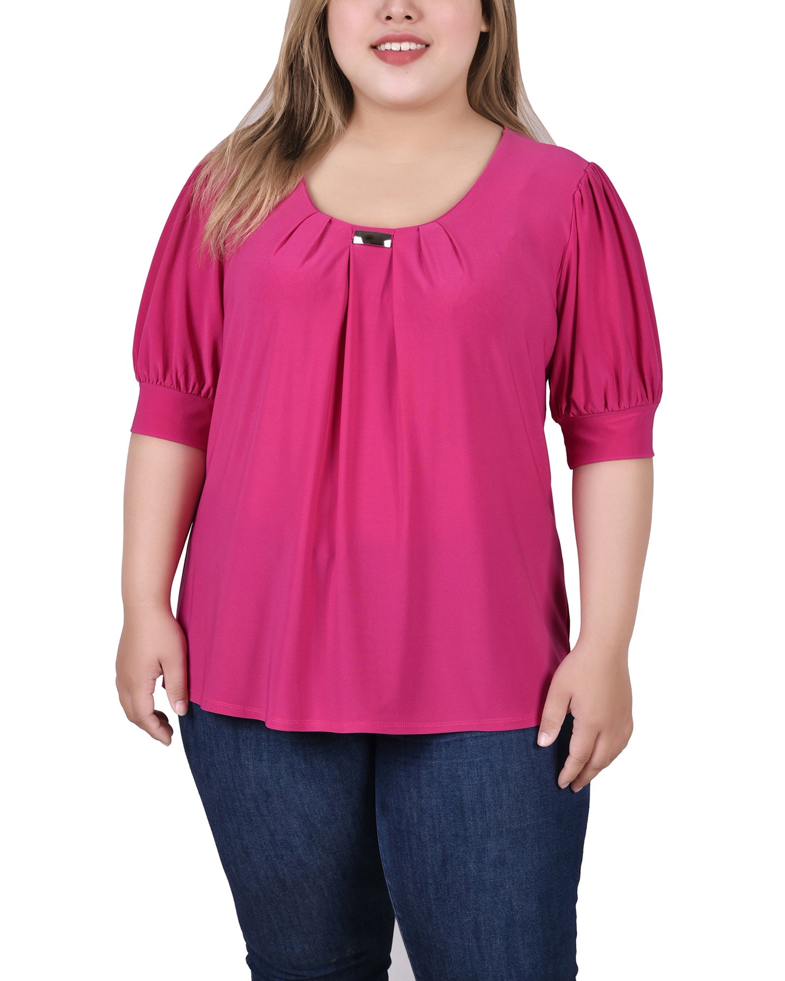 NY Collection Plus Size Short Sleeve Balloon Sleeve Top With Hardware - Black - Bonton
