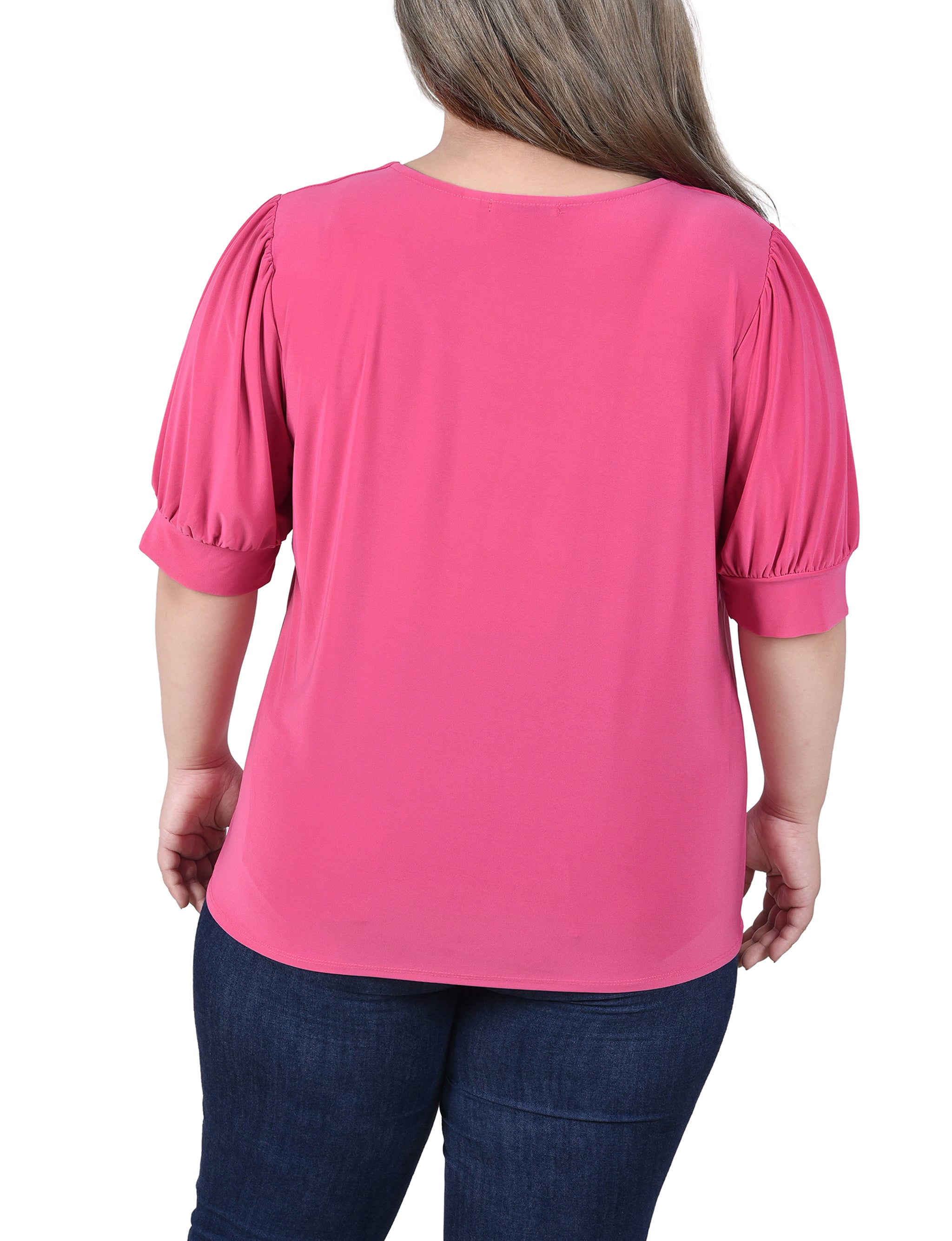  NY Collection Plus Size Short Sleeve Balloon Sleeve Top With Hardware - Black - Bonton