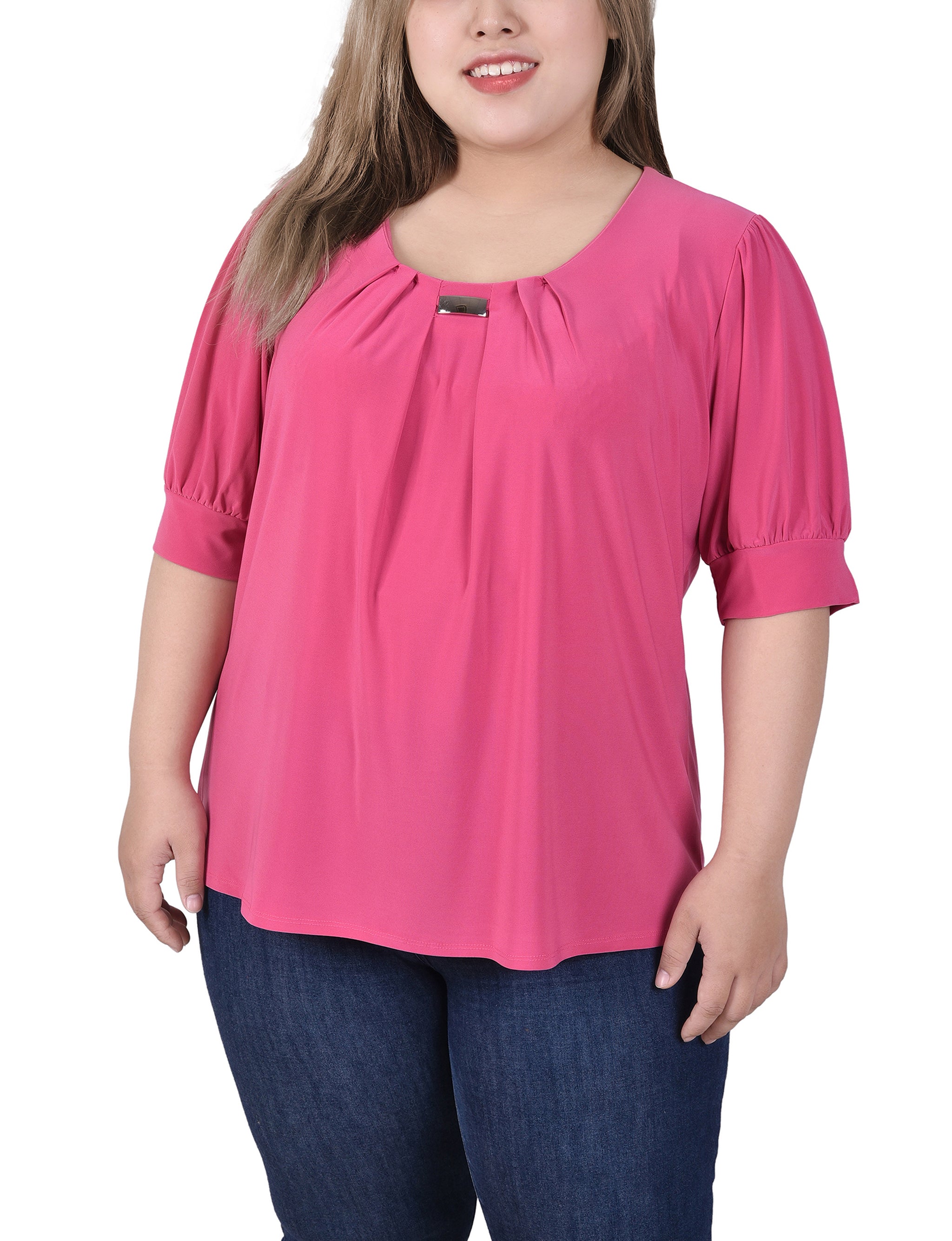  NY Collection Plus Size Short Sleeve Balloon Sleeve Top With Hardware - Black - Bonton