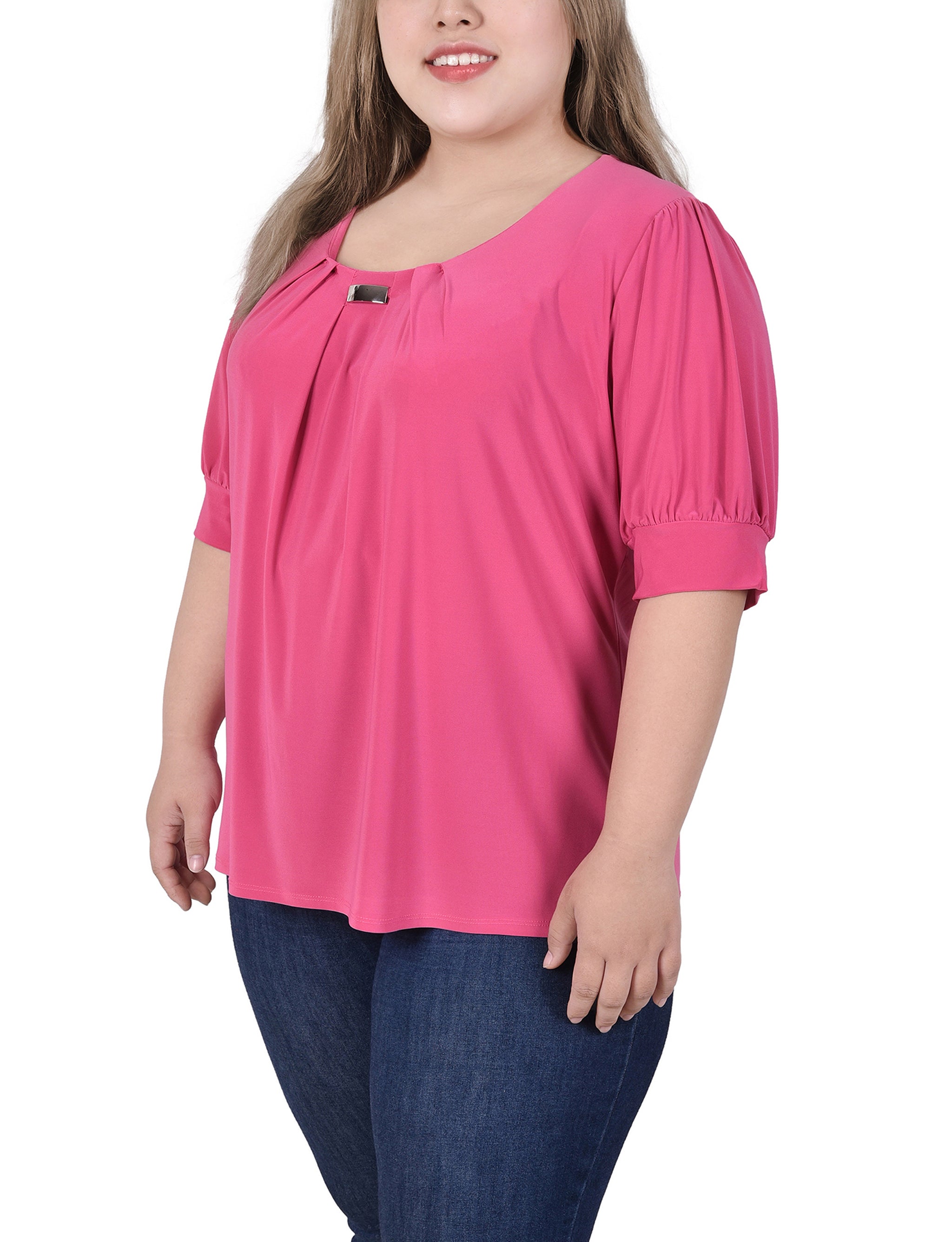  NY Collection Plus Size Short Sleeve Balloon Sleeve Top With Hardware - Black - Bonton