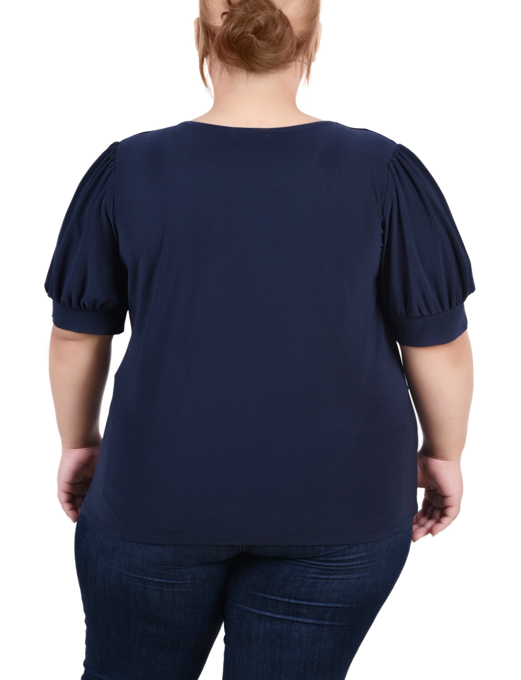 NY Collection Plus Size Short Sleeve Balloon Sleeve Top With Hardware - Black - Bonton