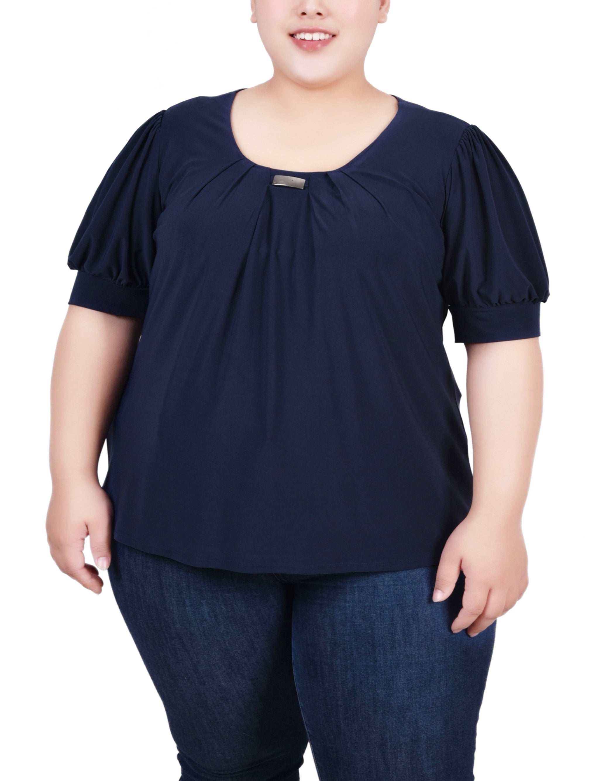  NY Collection Plus Size Short Sleeve Balloon Sleeve Top With Hardware - Black - Bonton