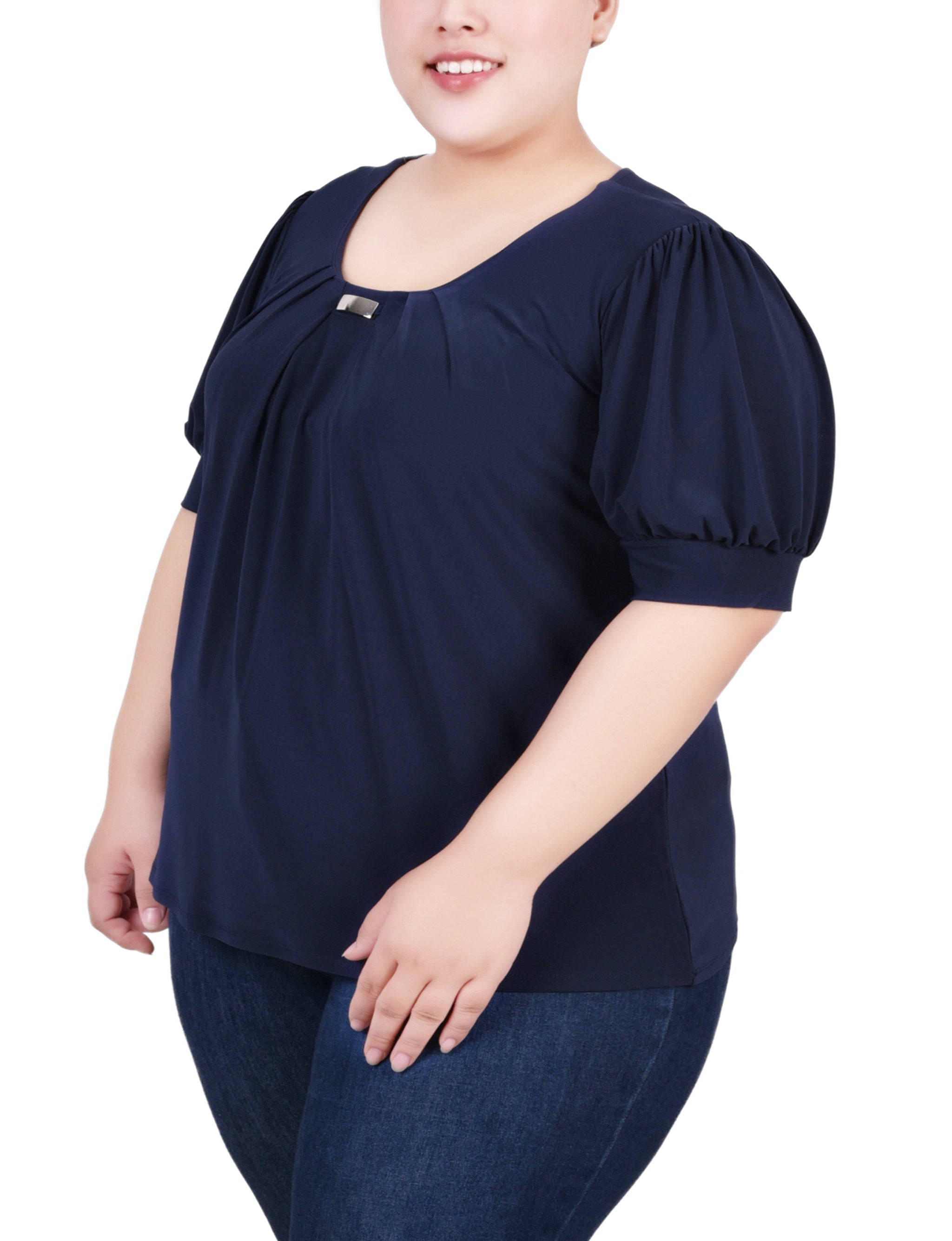  NY Collection Plus Size Short Sleeve Balloon Sleeve Top With Hardware - Black - Bonton