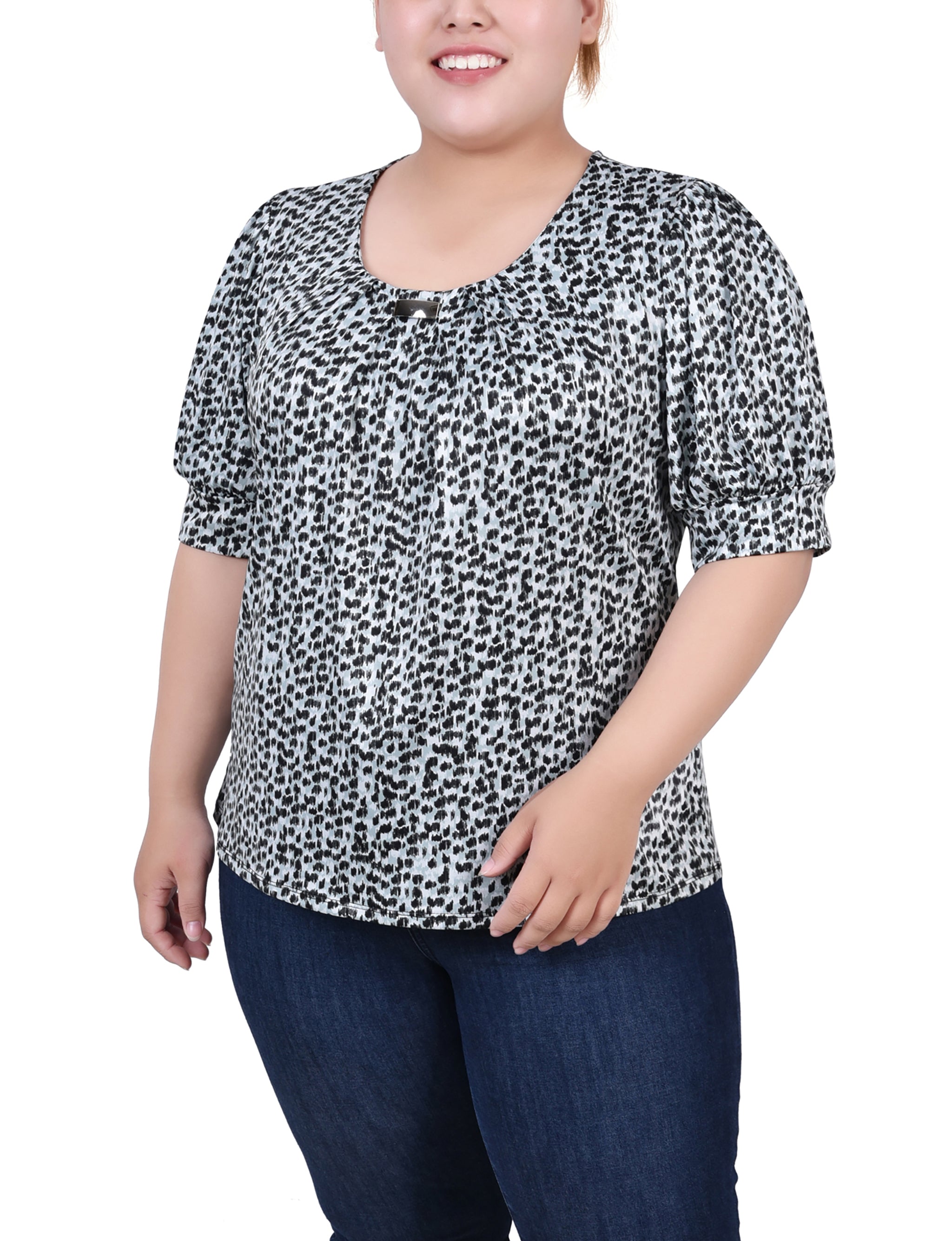  NY Collection Short Sleeve Balloon Sleeve Top - Black White Boxes - Bonton
