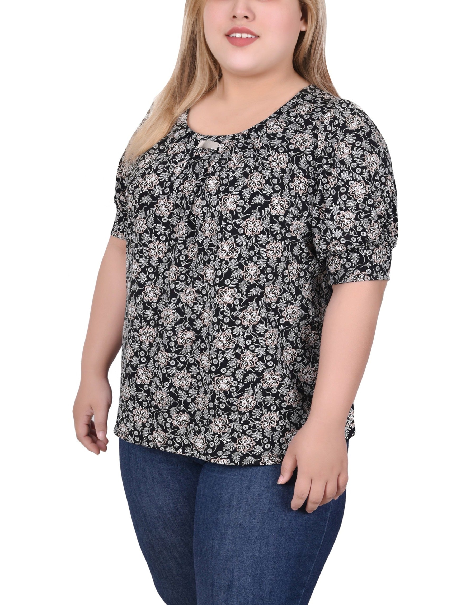  NY Collection Short Sleeve Balloon Sleeve Top - Black White Boxes - Bonton