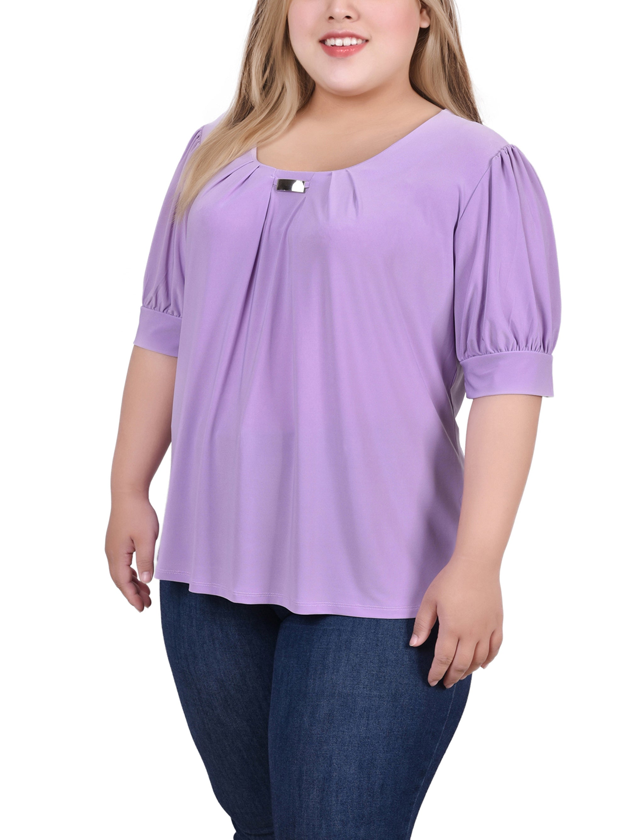  NY Collection Plus Size Short Sleeve Balloon Sleeve Top With Hardware - Black - Bonton