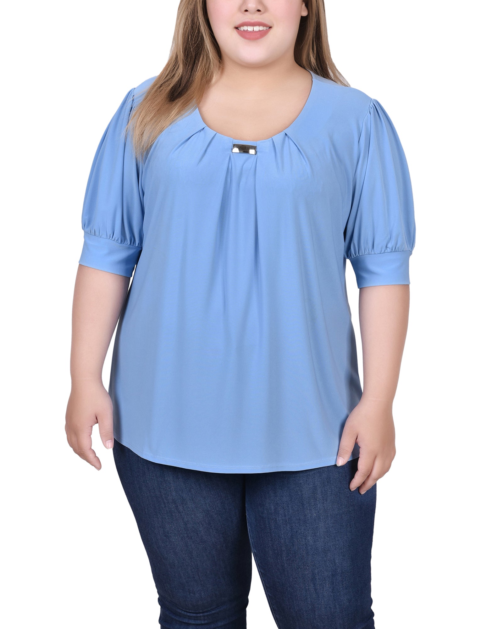  NY Collection Plus Size Short Sleeve Balloon Sleeve Top With Hardware - Black - Bonton