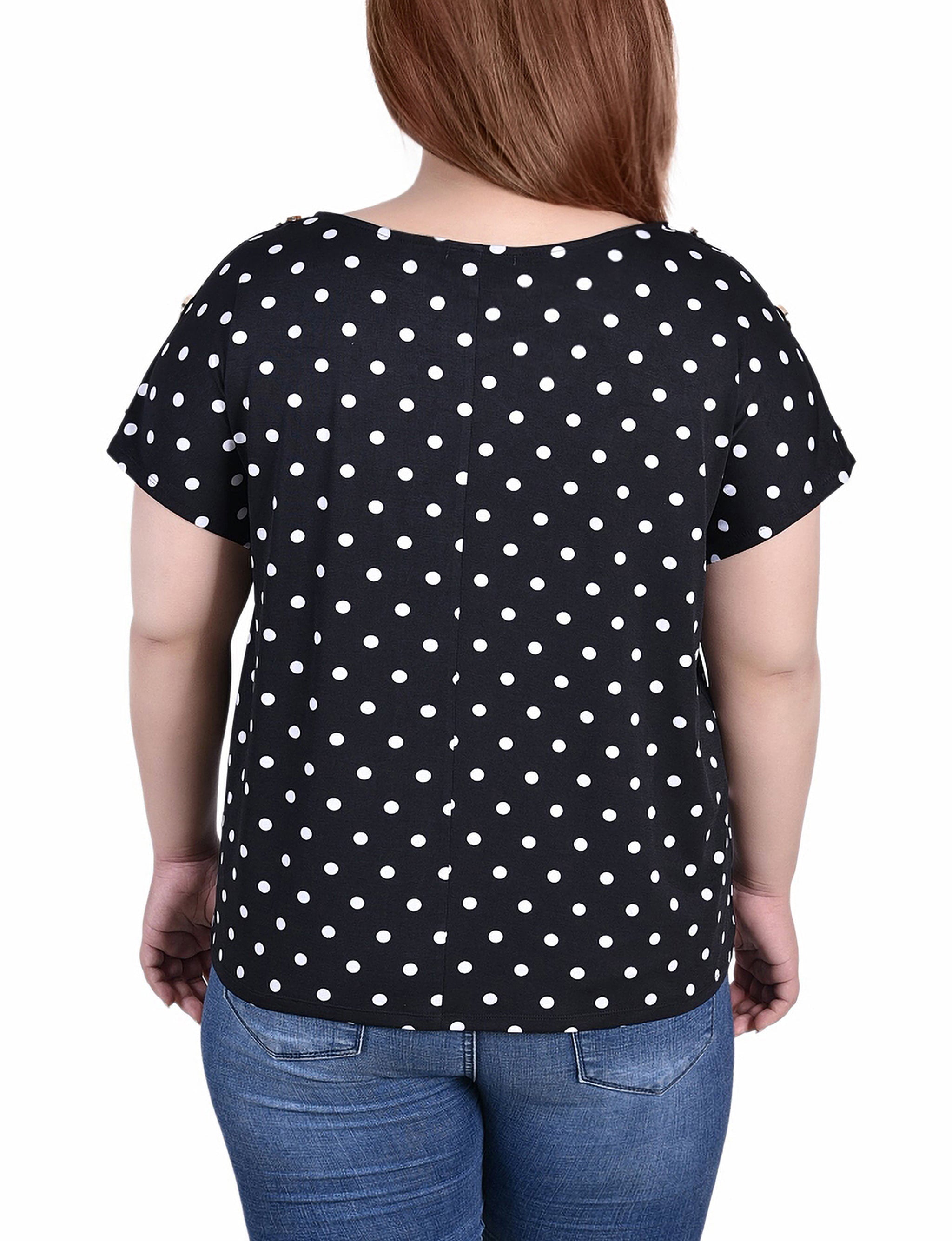  NY Collection Plus Size Short Extended Sleeve Top - Black White Dot - Bonton