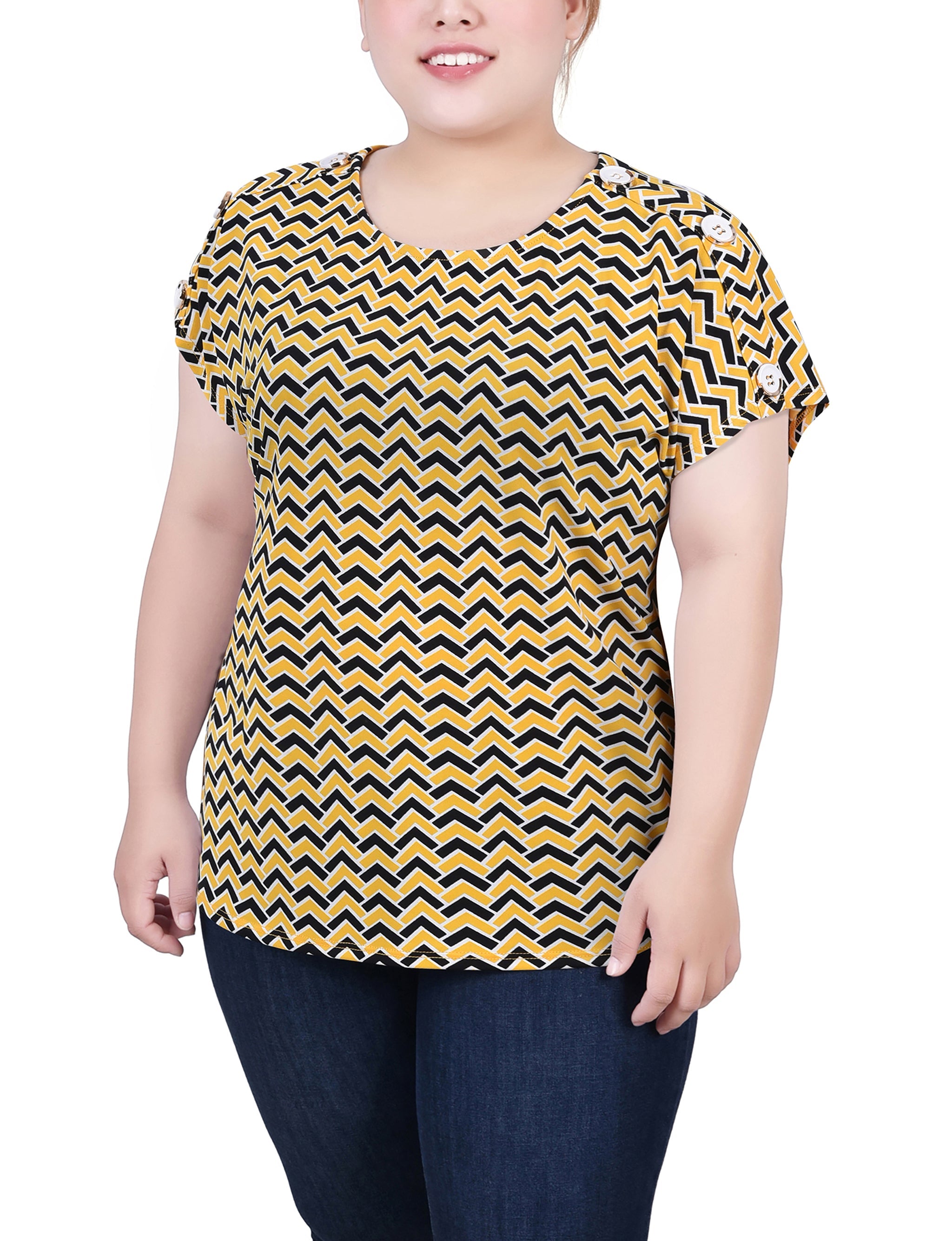  NY Collection Plus Size Short Extended Sleeve Top - Black White Dot - Bonton