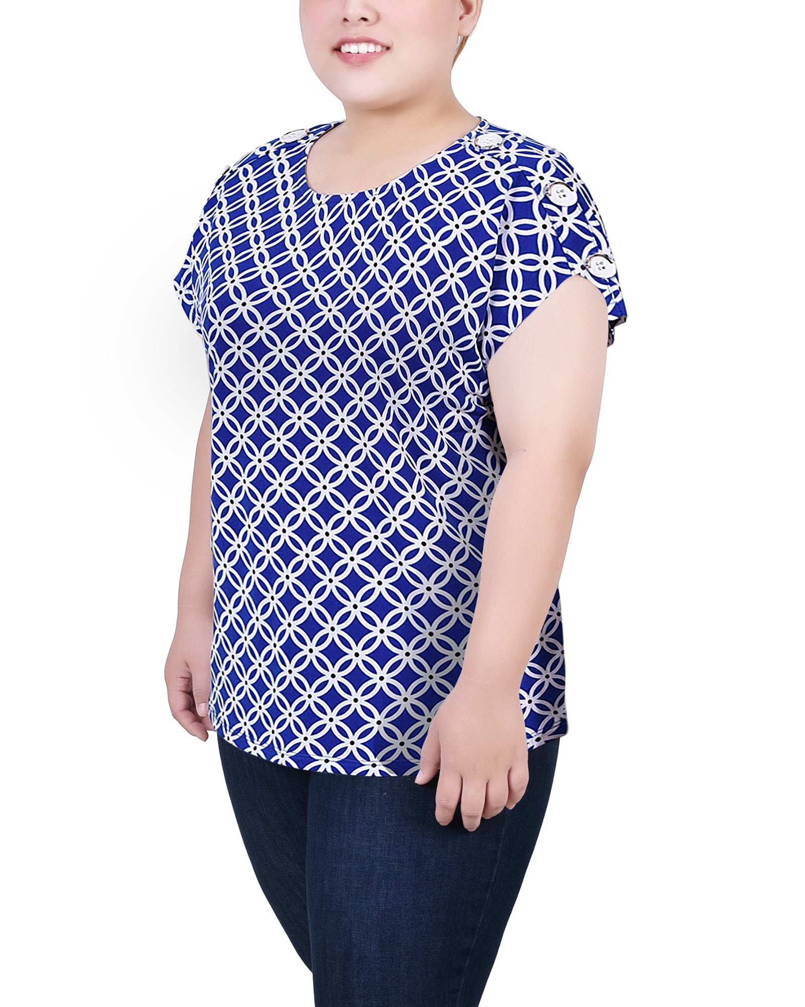  NY Collection Plus Size Short Extended Sleeve Top - Black White Dot - Bonton