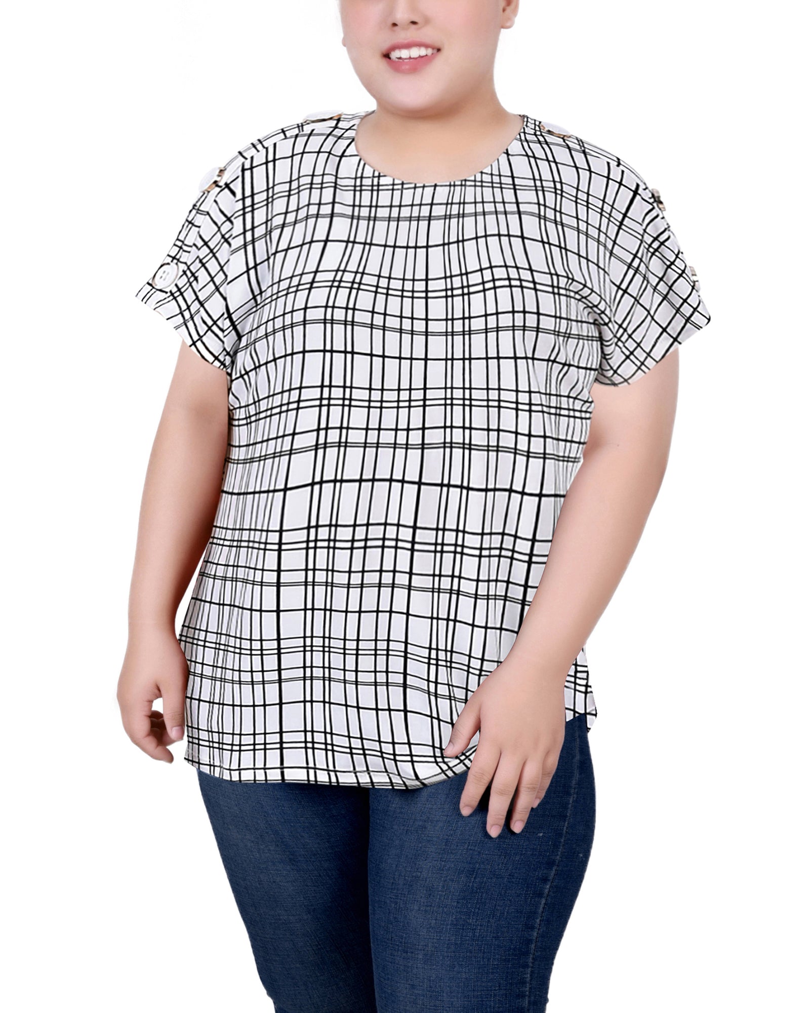  NY Collection Plus Size Short Extended Sleeve Top - Black White Dot - Bonton