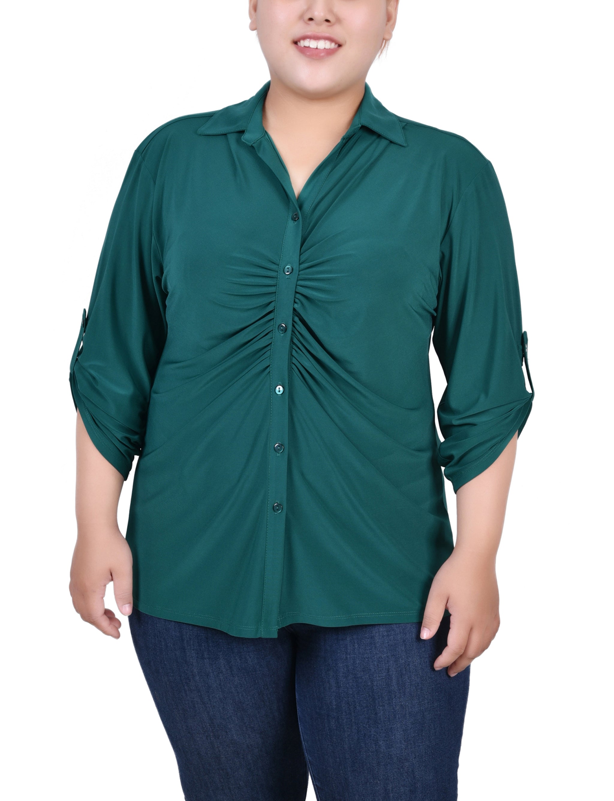  NY Collection Plus Size 3/4 Roll Tab Rouched-Front Top - Grassy Green - Bonton