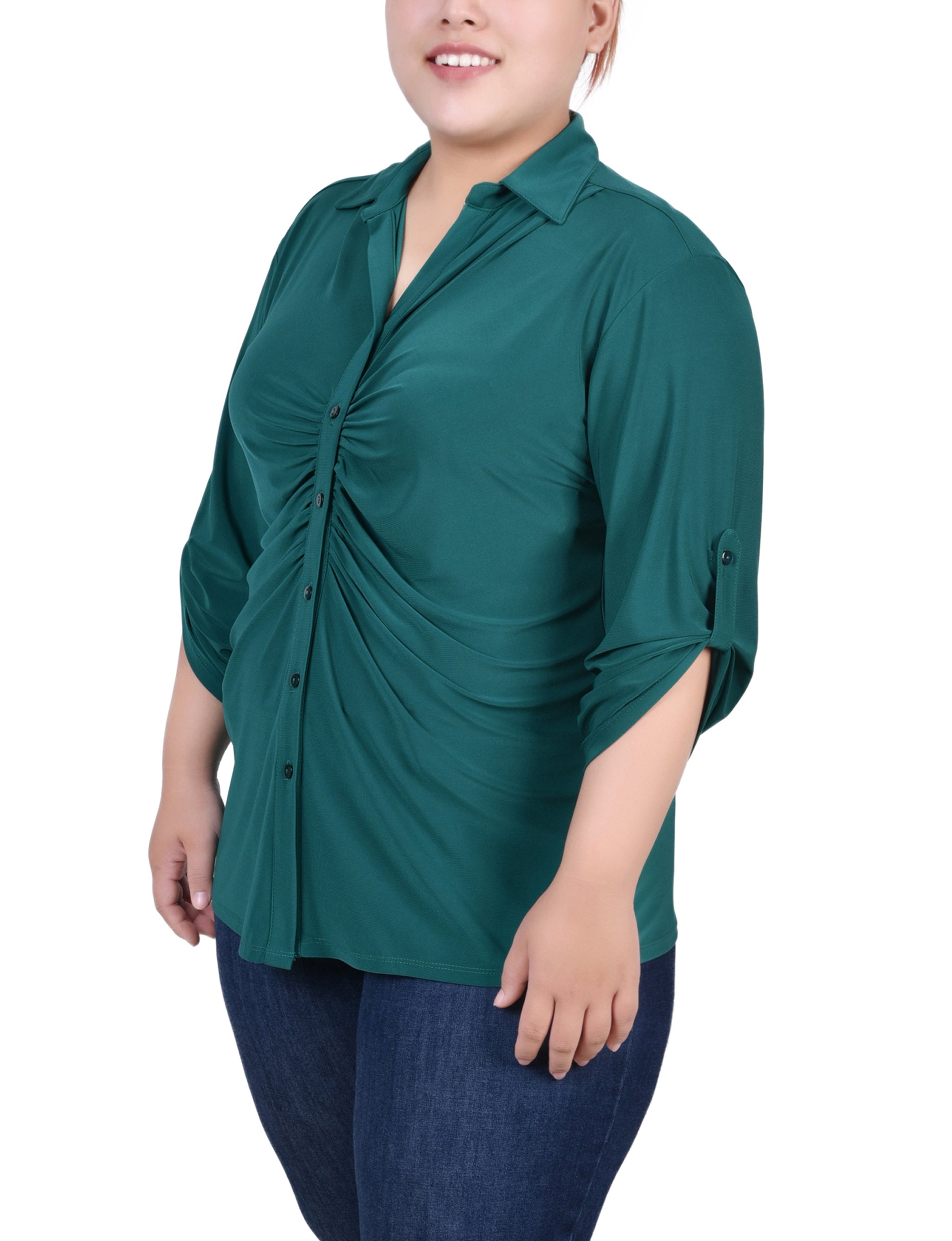  NY Collection Plus Size 3/4 Roll Tab Rouched-Front Top - Grassy Green - Bonton