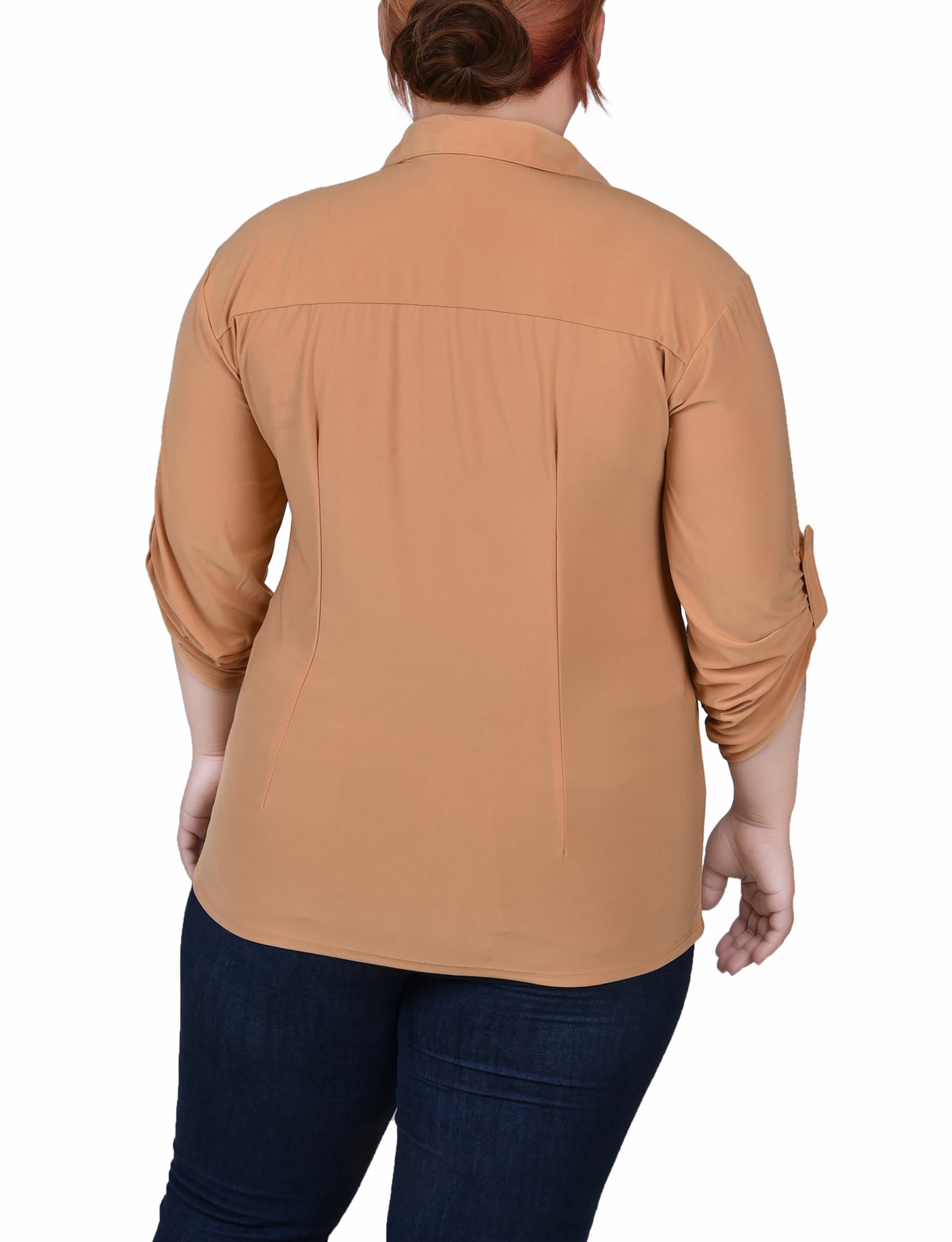  NY Collection Plus Size 3/4 Roll Tab Rouched-Front Top - Grassy Green - Bonton
