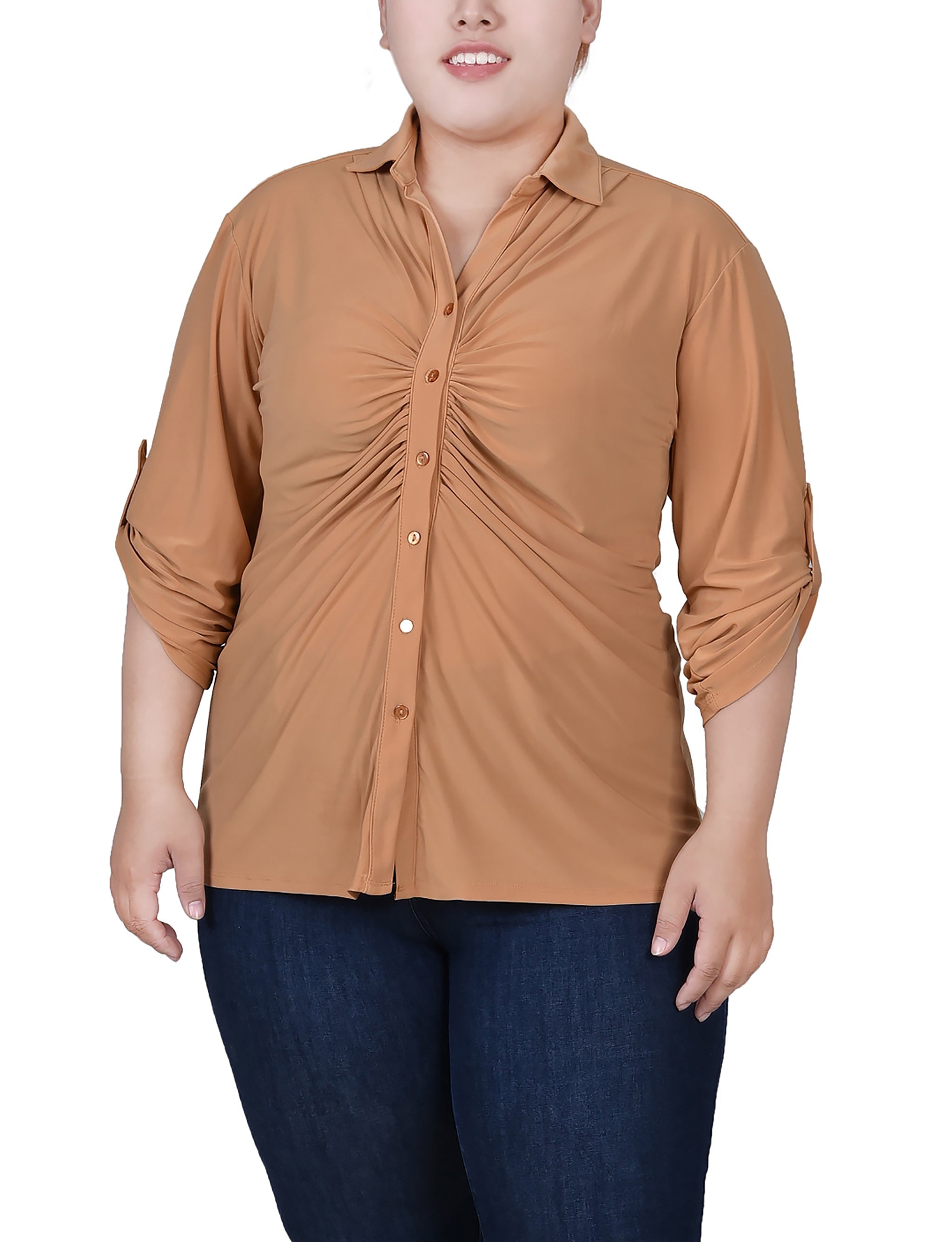  NY Collection Plus Size 3/4 Roll Tab Rouched-Front Top - Grassy Green - Bonton