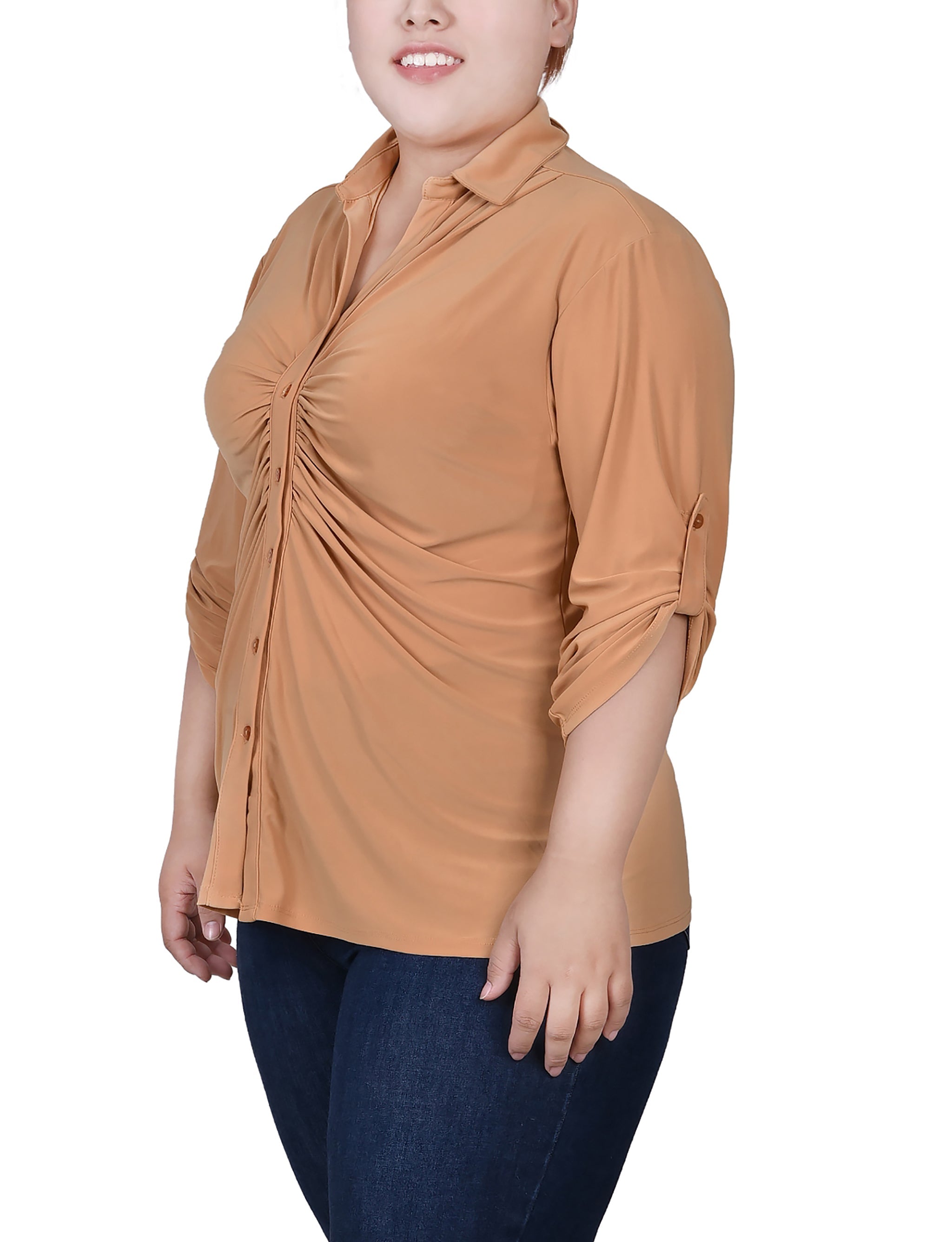  NY Collection Plus Size 3/4 Roll Tab Rouched-Front Top - Grassy Green - Bonton