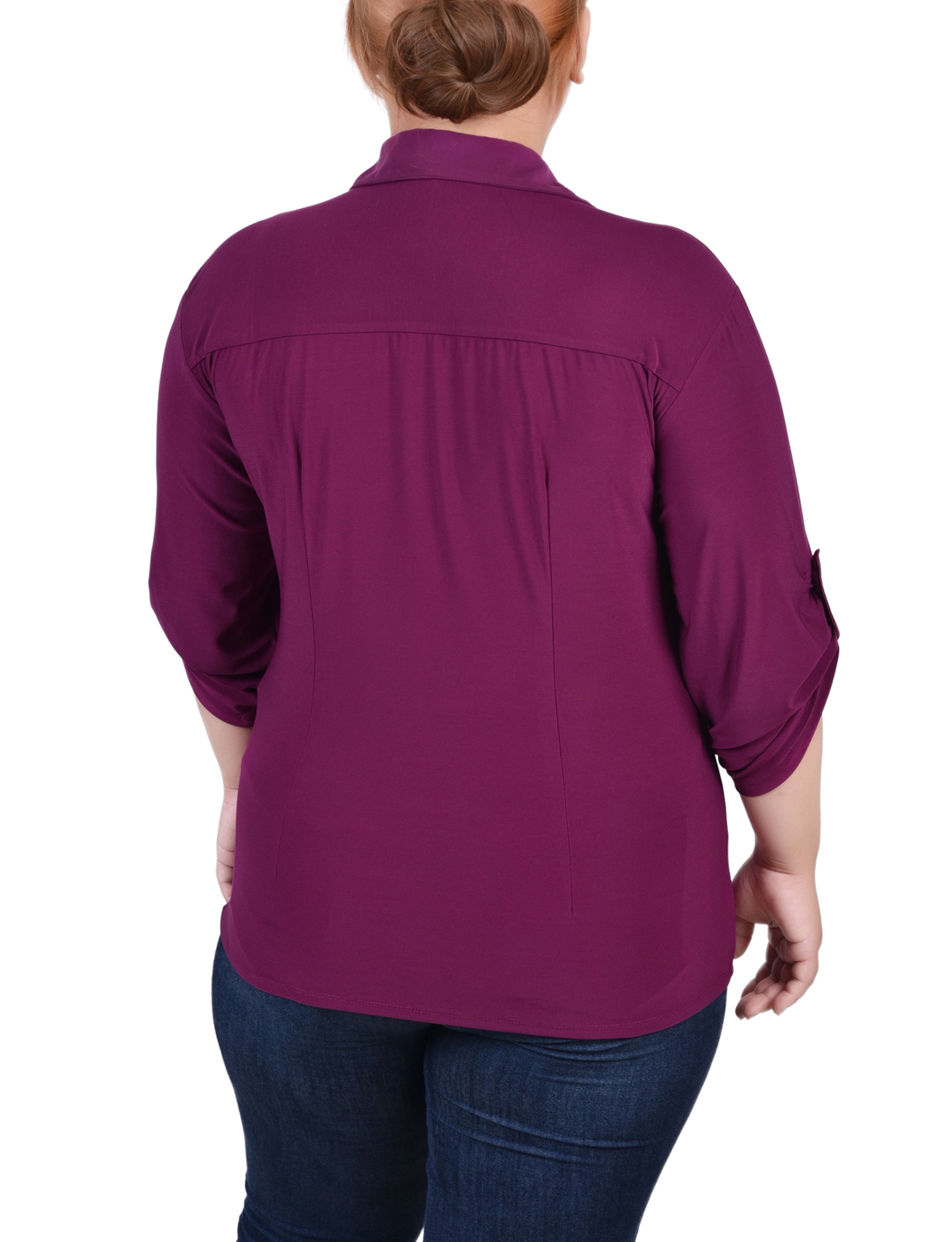  NY Collection Plus Size 3/4 Roll Tab Rouched-Front Top - Grassy Green - Bonton