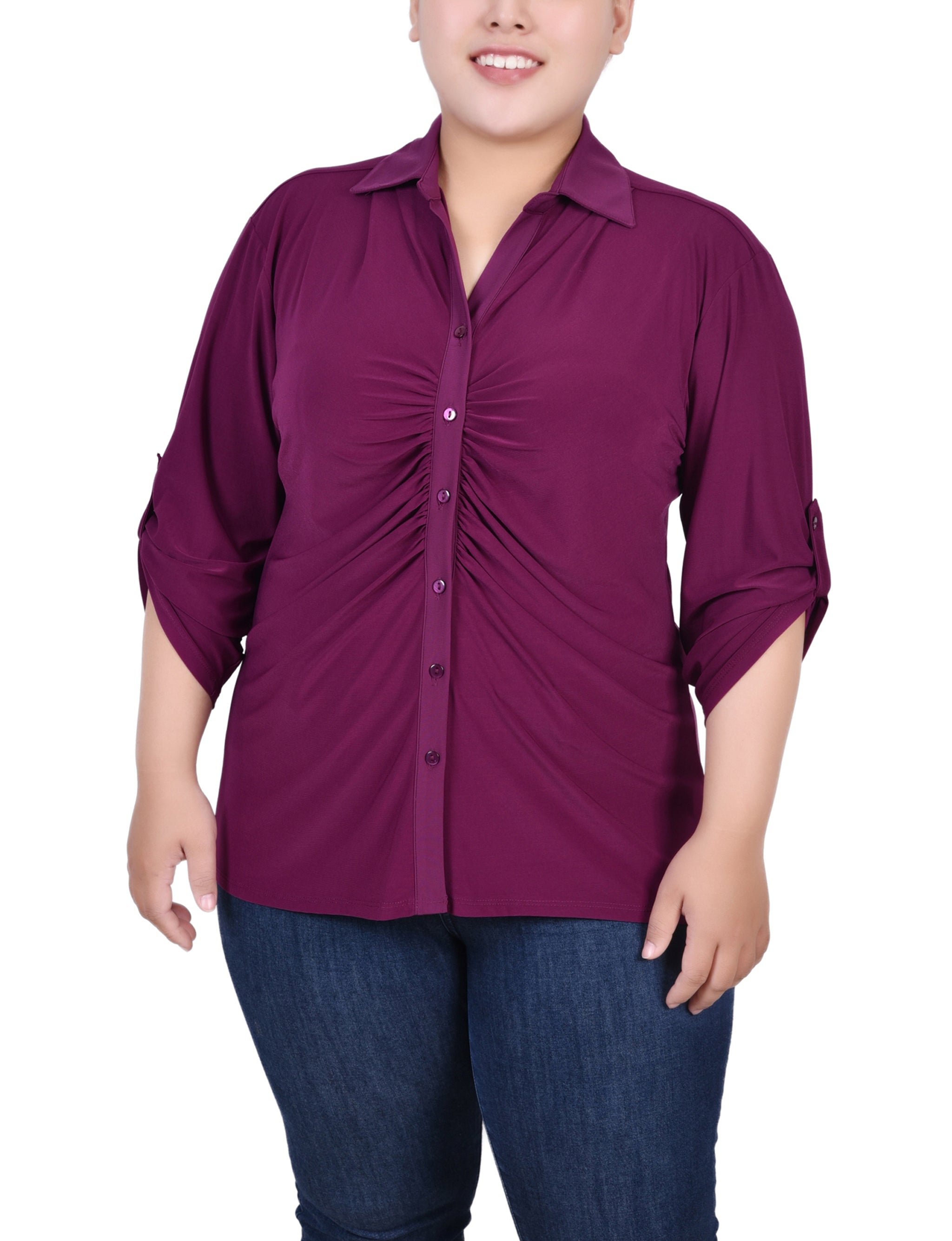  NY Collection Plus Size 3/4 Roll Tab Rouched-Front Top - Grassy Green - Bonton