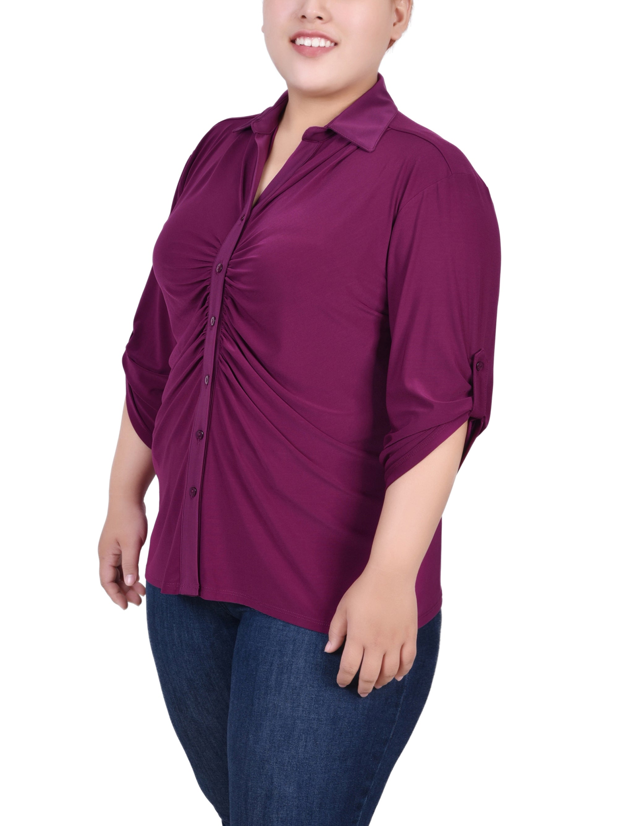  NY Collection Plus Size 3/4 Roll Tab Rouched-Front Top - Grassy Green - Bonton