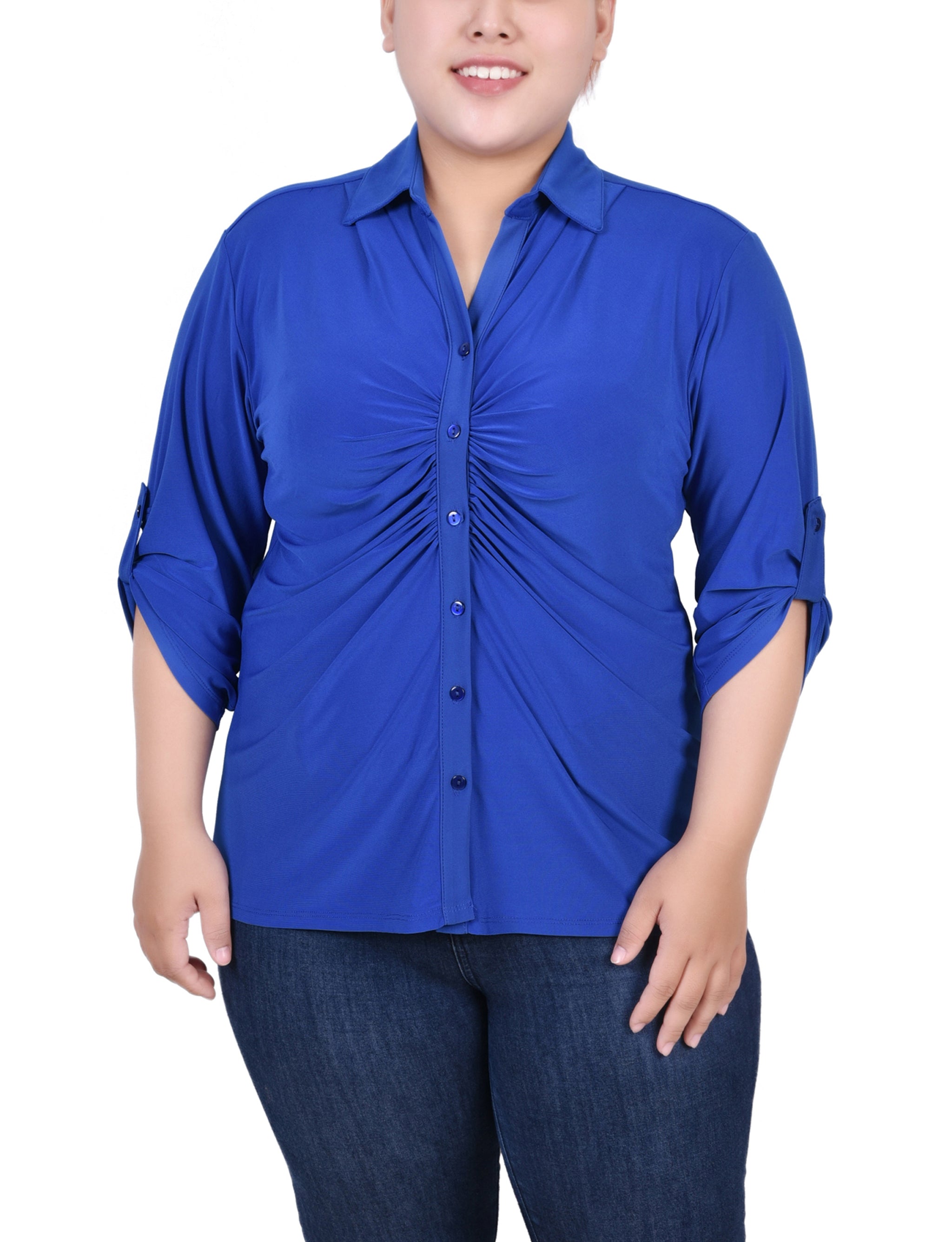  NY Collection Plus Size 3/4 Roll Tab Rouched-Front Top - Grassy Green - Bonton
