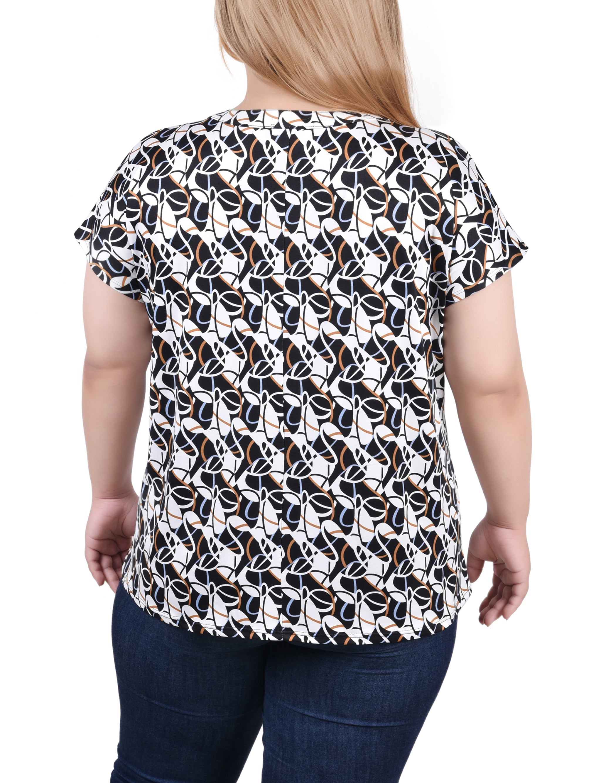  NY Collection Plus Size Extended Sleeve Top With Grommets - Doeskin Black Allie - Bonton
