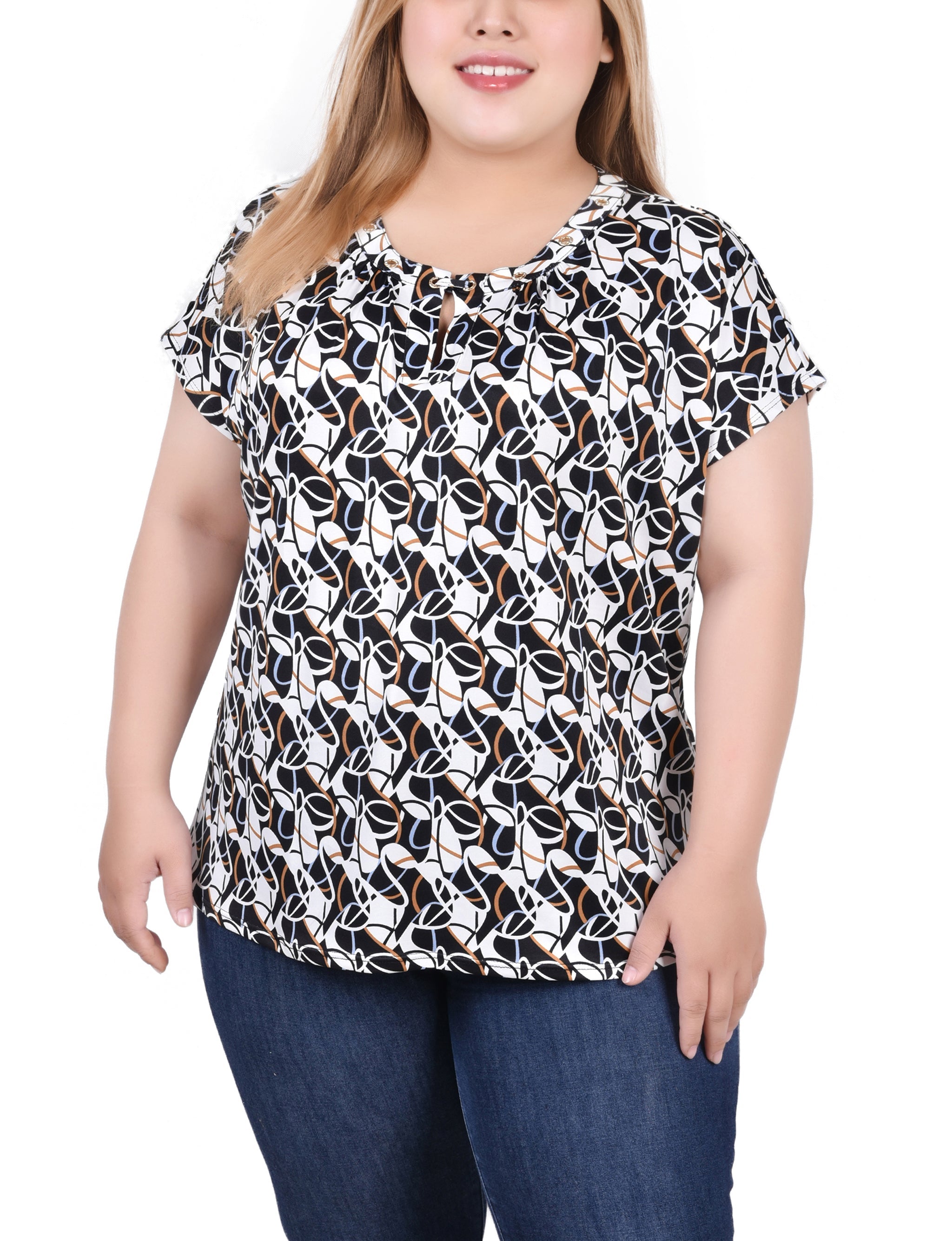  NY Collection Plus Size Extended Sleeve Top With Grommets - Doeskin Black Allie - Bonton