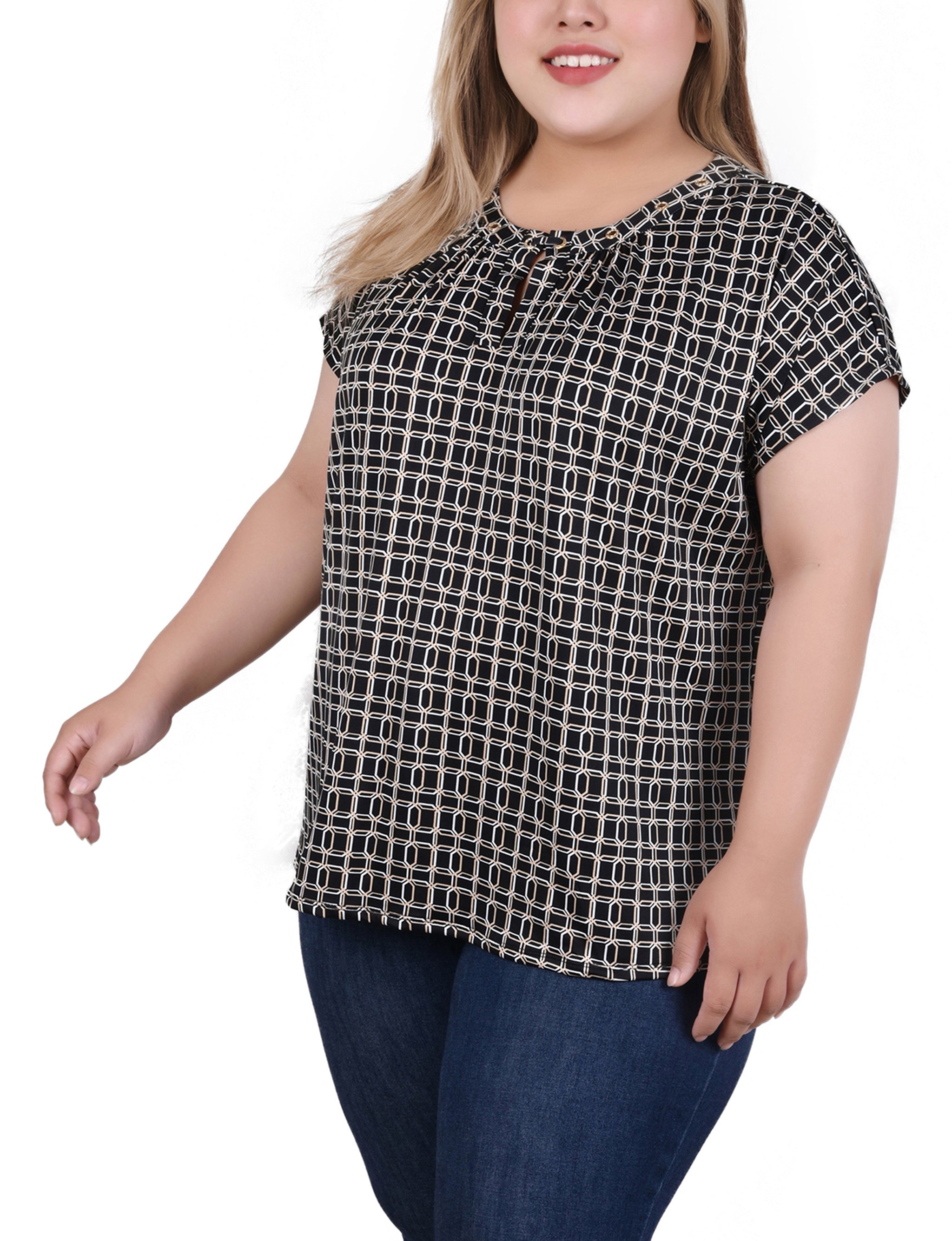  NY Collection Plus Size Extended Sleeve Top With Grommets - Doeskin Black Allie - Bonton