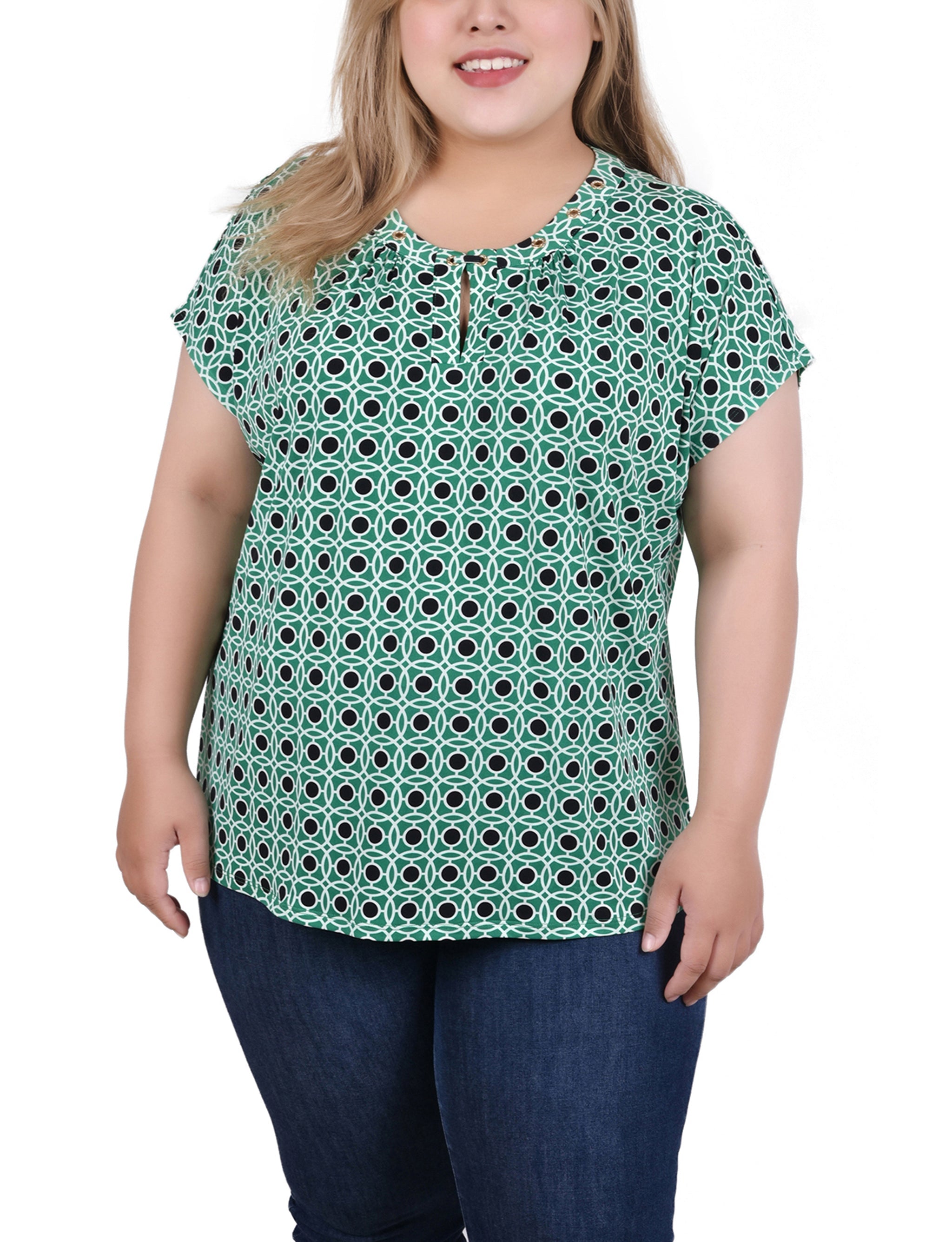  NY Collection Plus Size Extended Sleeve Top With Grommets - Doeskin Black Allie - Bonton