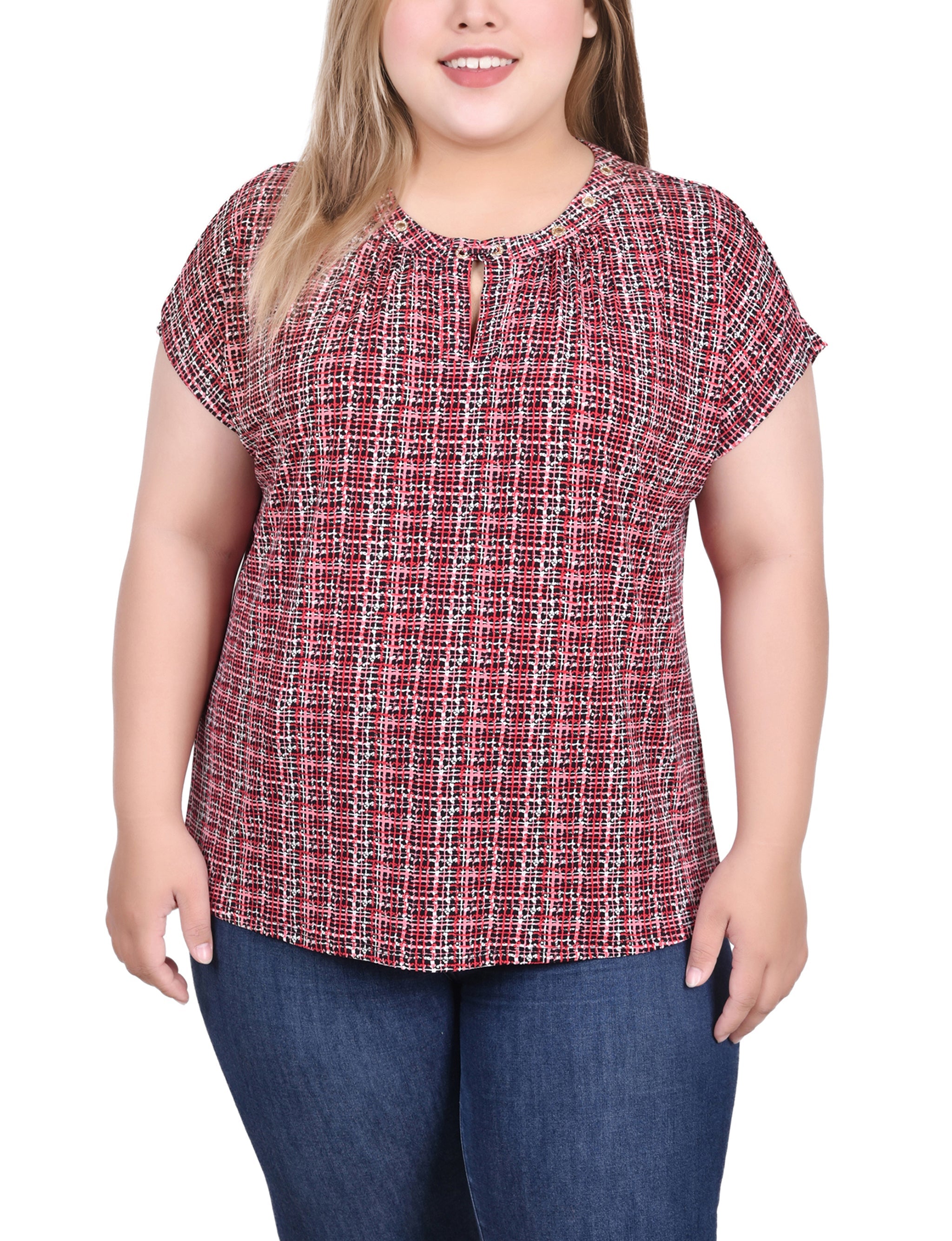  NY Collection Plus Size Extended Sleeve Top With Grommets - Doeskin Black Allie - Bonton