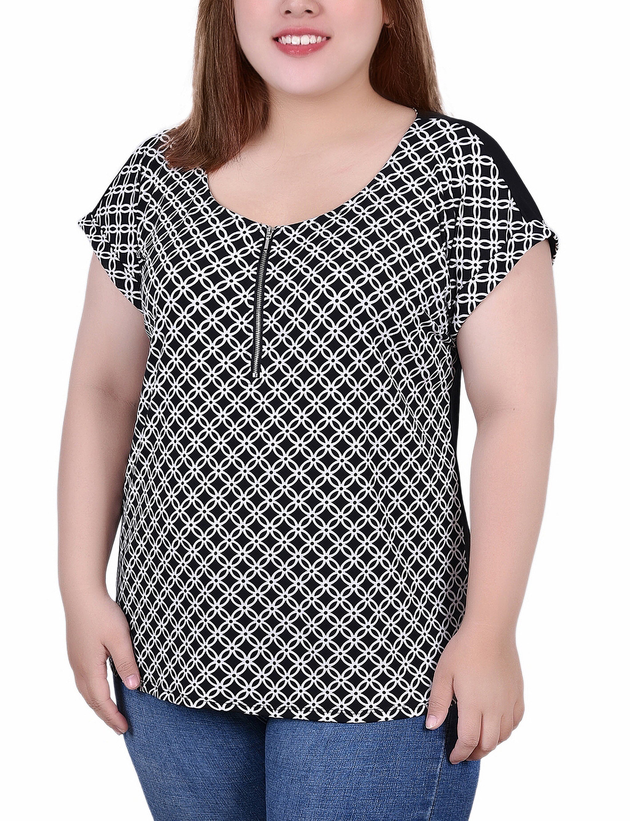  NY Collection Plus Size Short Sleeve 1/2 Zip Knit Top - Mellow Rose/Ivory - Bonton