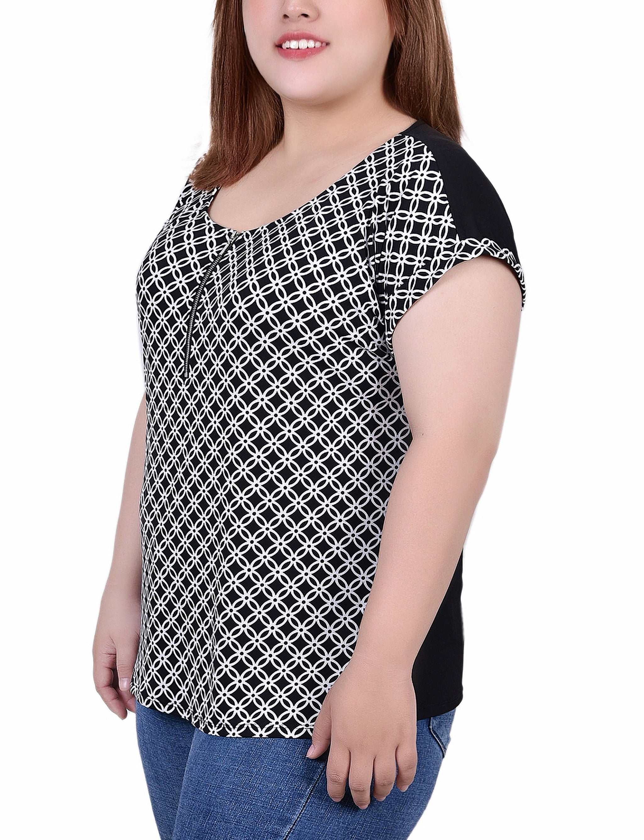  NY Collection Plus Size Short Sleeve 1/2 Zip Knit Top - Mellow Rose/Ivory - Bonton