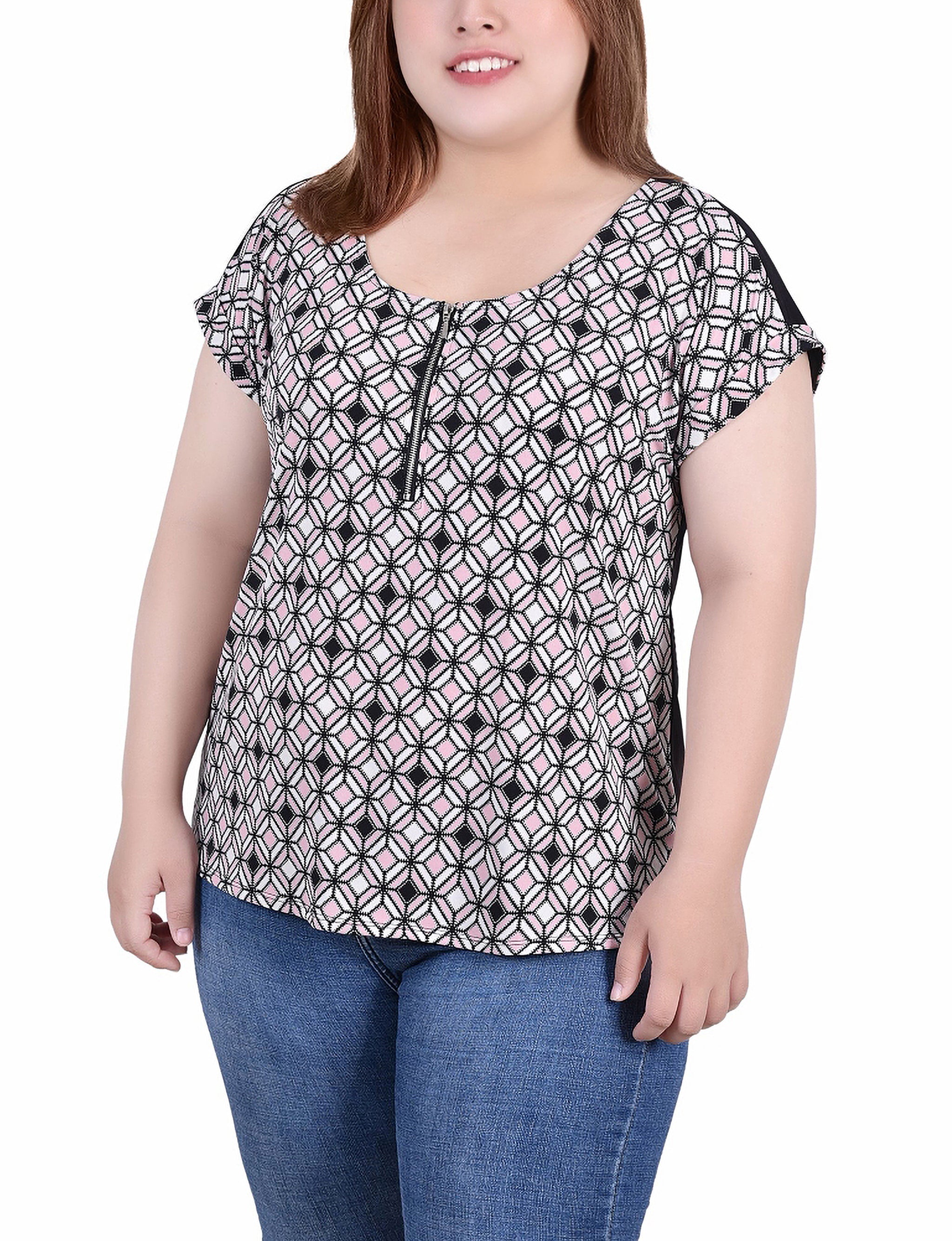  NY Collection Plus Size Short Sleeve 1/2 Zip Knit Top - Mellow Rose/Ivory - Bonton