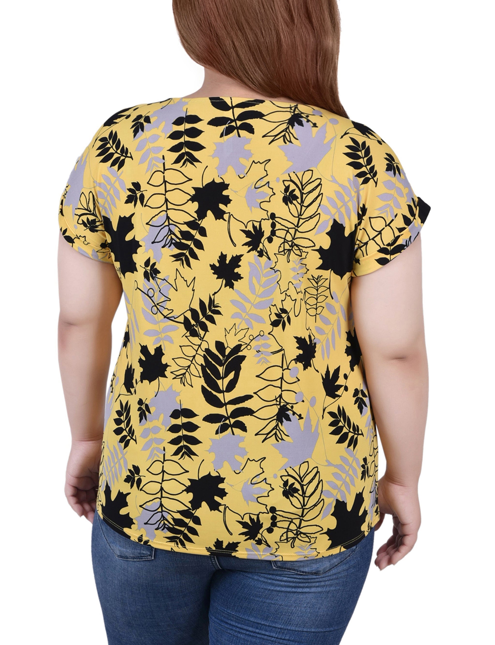  NY Collection Plus Size Short Sleeve 1/2 Zip Knit Top - Mellow Rose/Ivory - Bonton