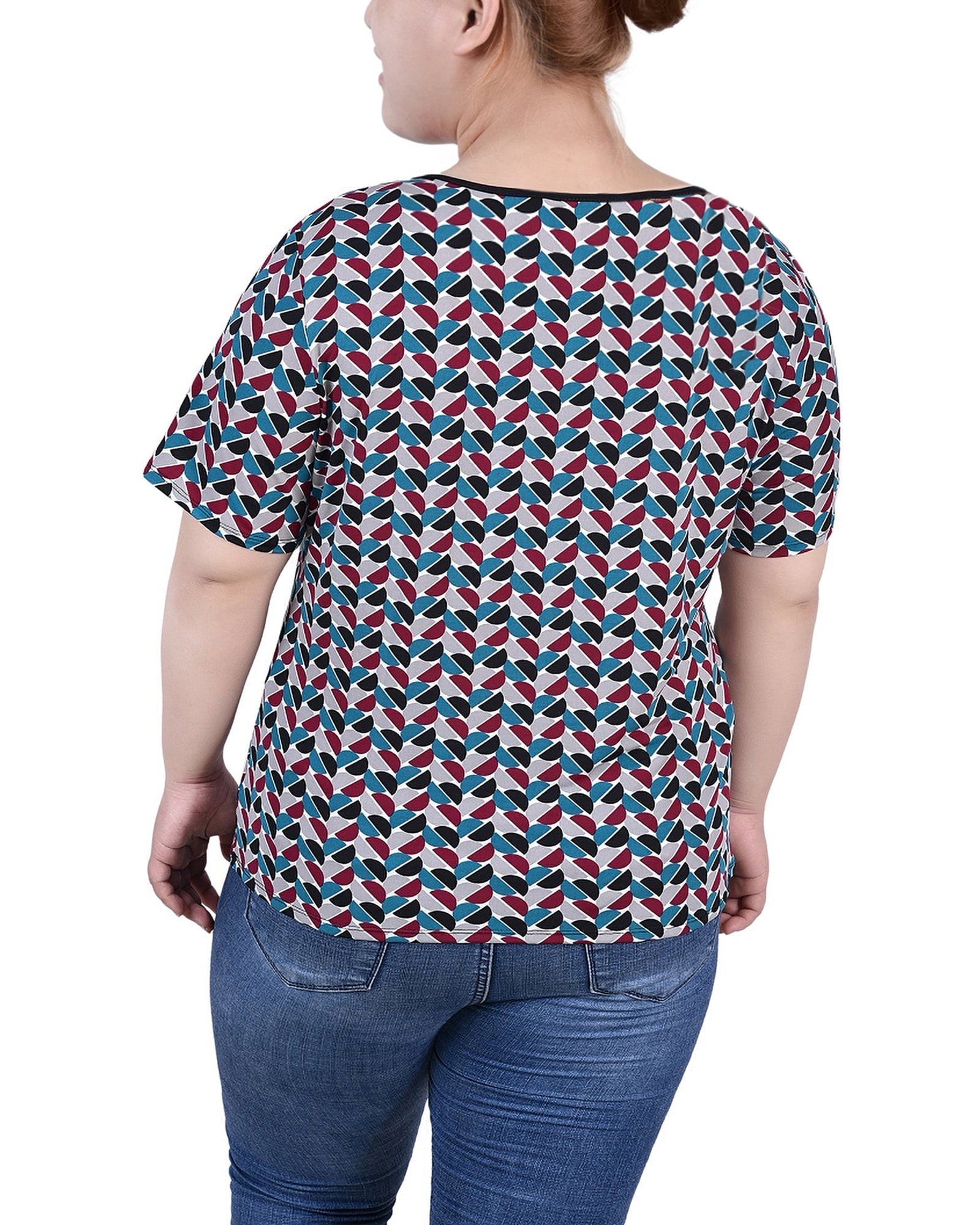  NY Collection Plus Size Short Sleeve Top With Ring Details - Black Teal White Geo - Bonton