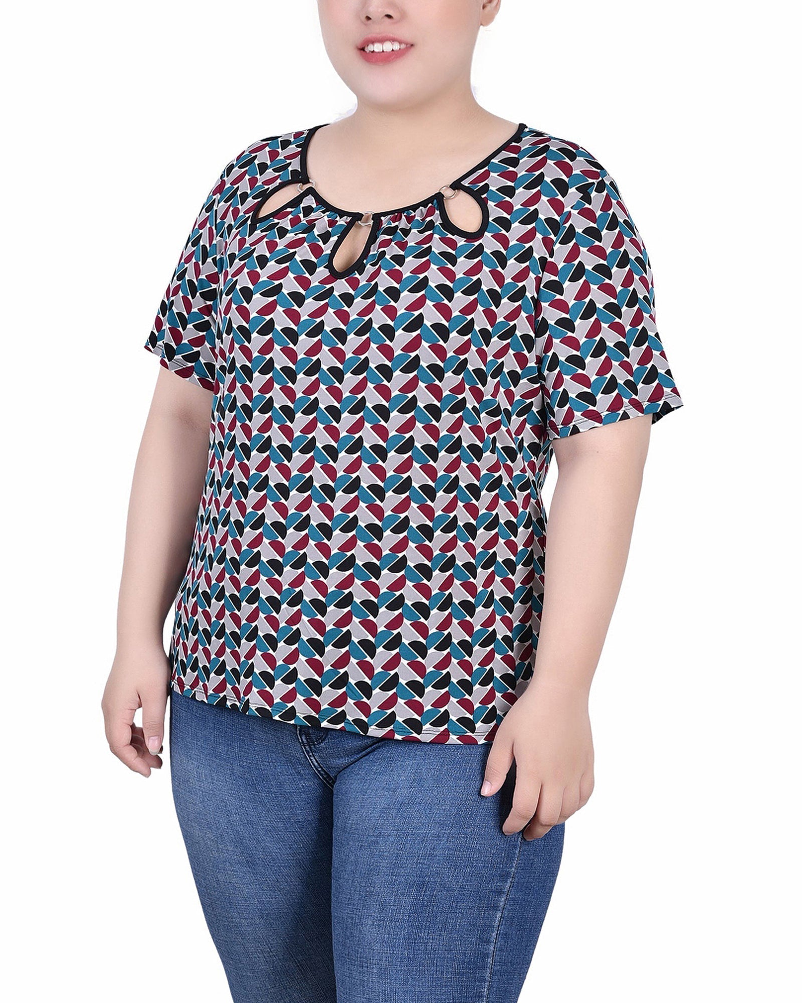  NY Collection Plus Size Short Sleeve Top With Ring Details - Black Teal White Geo - Bonton