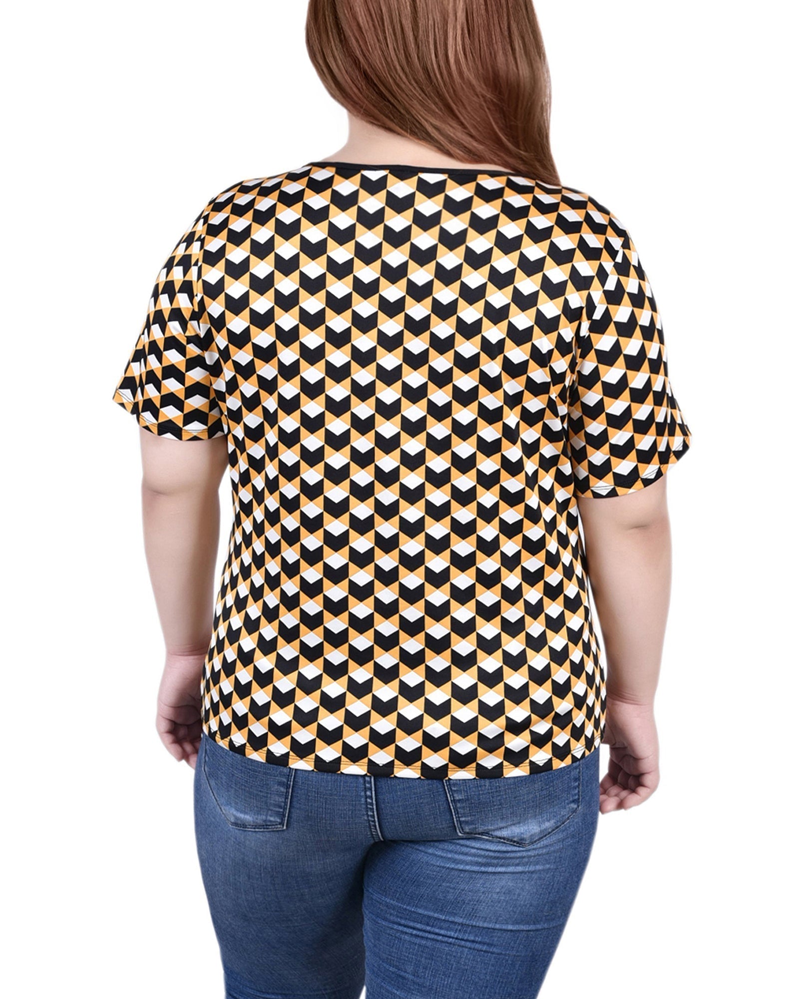  NY Collection Plus Size Short Sleeve Top With Ring Details - Black Teal White Geo - Bonton
