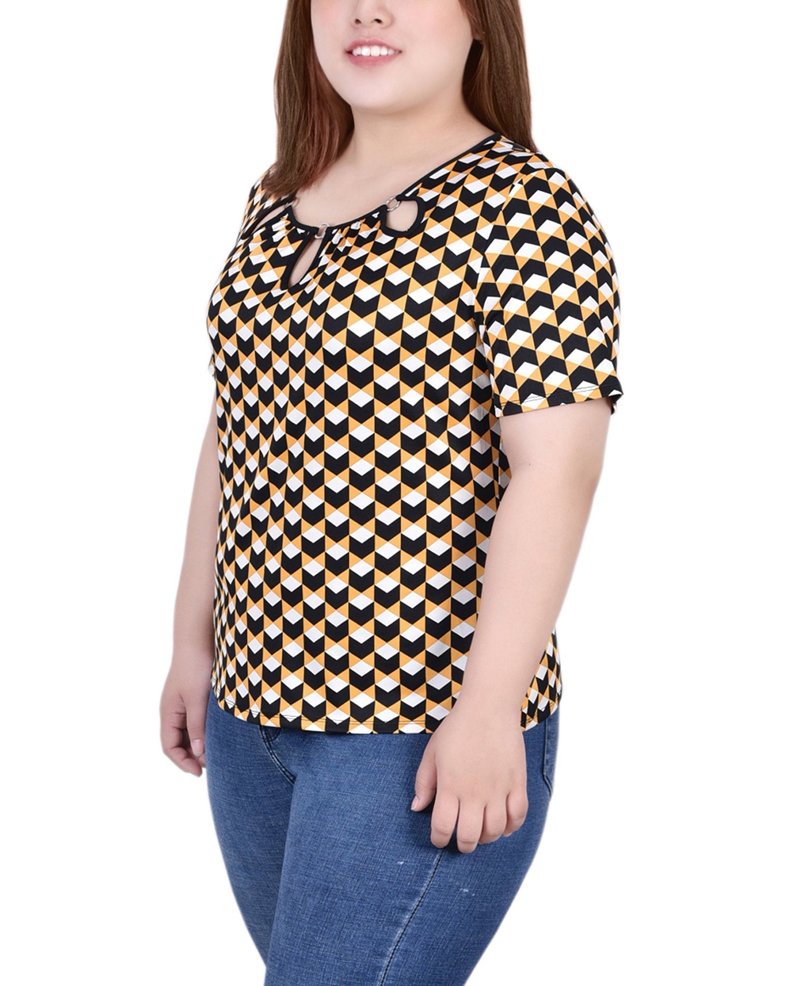  NY Collection Plus Size Short Sleeve Top With Ring Details - Black Teal White Geo - Bonton