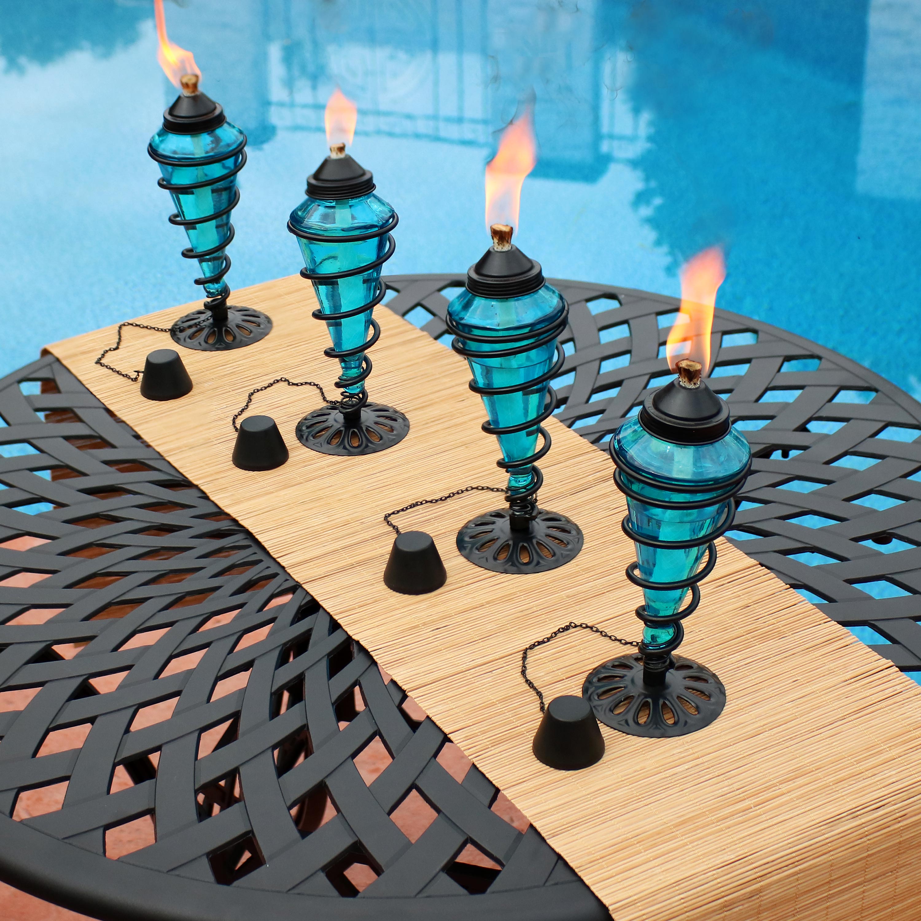  Sunnydaze Decor Tabletop Glass and Metal Swirl Patio Table and Lawn Torch Set - Blue - Blue - Bonton