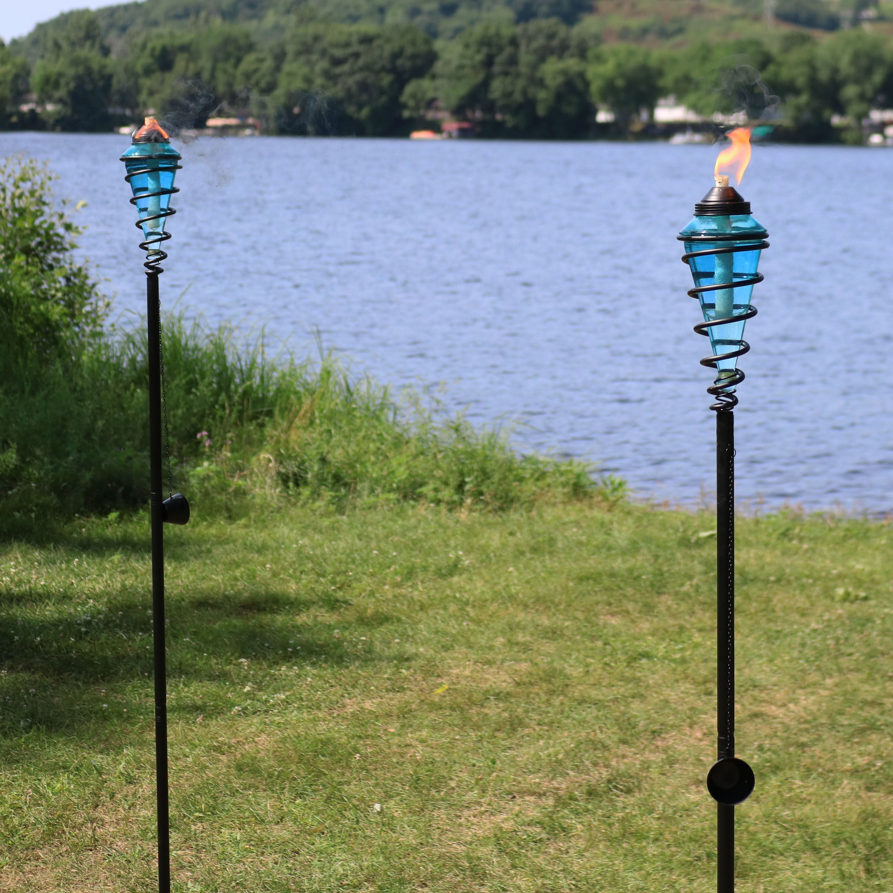  Sunnydaze Decor Adjustable Height Glass and Metal Swirl Patio and Lawn Torch Set Pack of 2 - Blue - Bonton