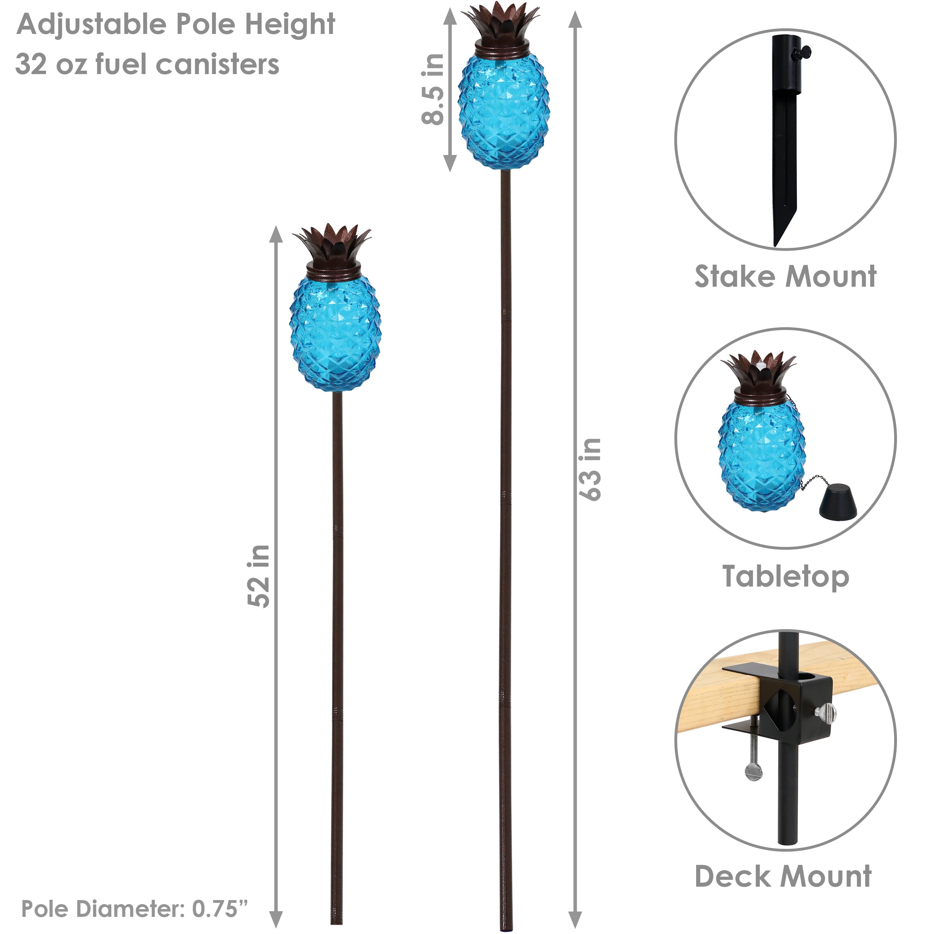  Sunnydaze Decor Adjustable Height 3-in-1 Glass Tropical Pineapple Torches with Connected Snuffs and Metal Poles - 2 Pack - Blue - Bonton