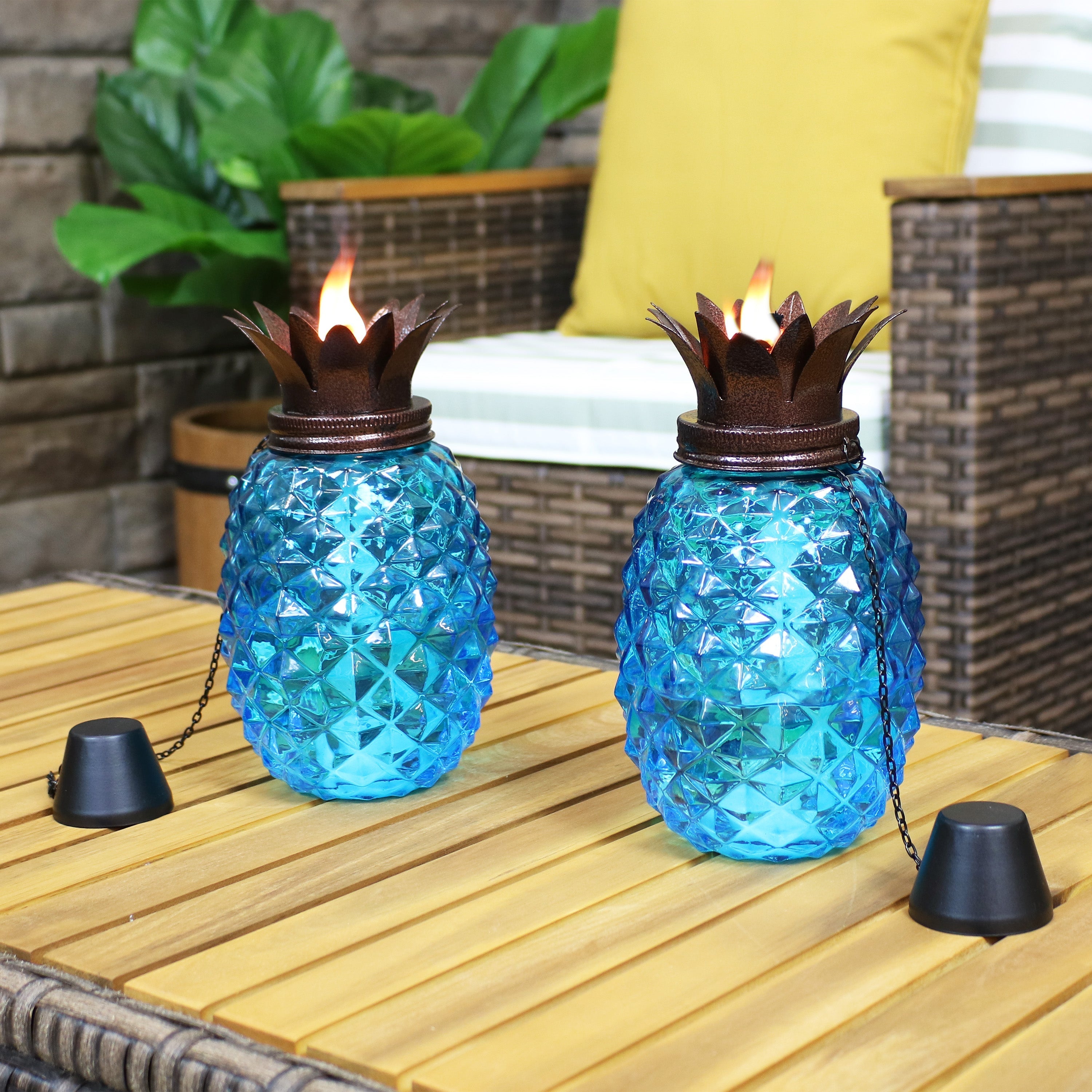  Sunnydaze Decor Adjustable Height 3-in-1 Glass Tropical Pineapple Torches with Connected Snuffs and Metal Poles - 2 Pack - Blue - Bonton